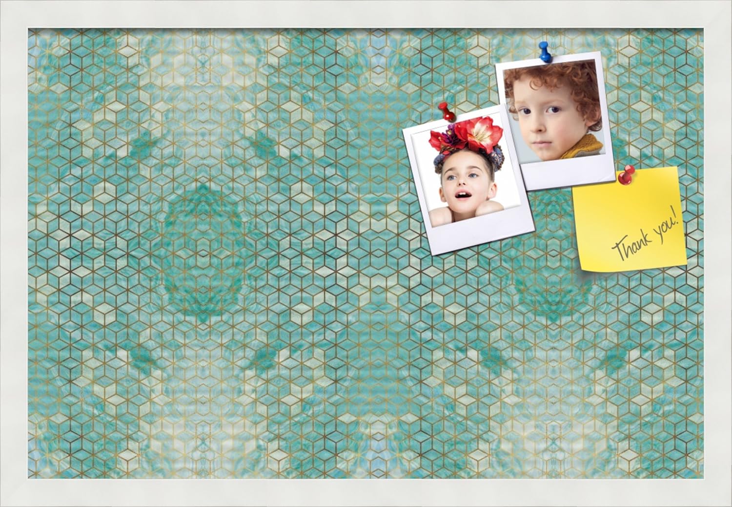 Tablón de anuncios de corcho impreso personalizado hecho de lienzo, mármol hexagonal Aqua de 24 x 16 pulgadas (tamaño completado) y enmarcado en