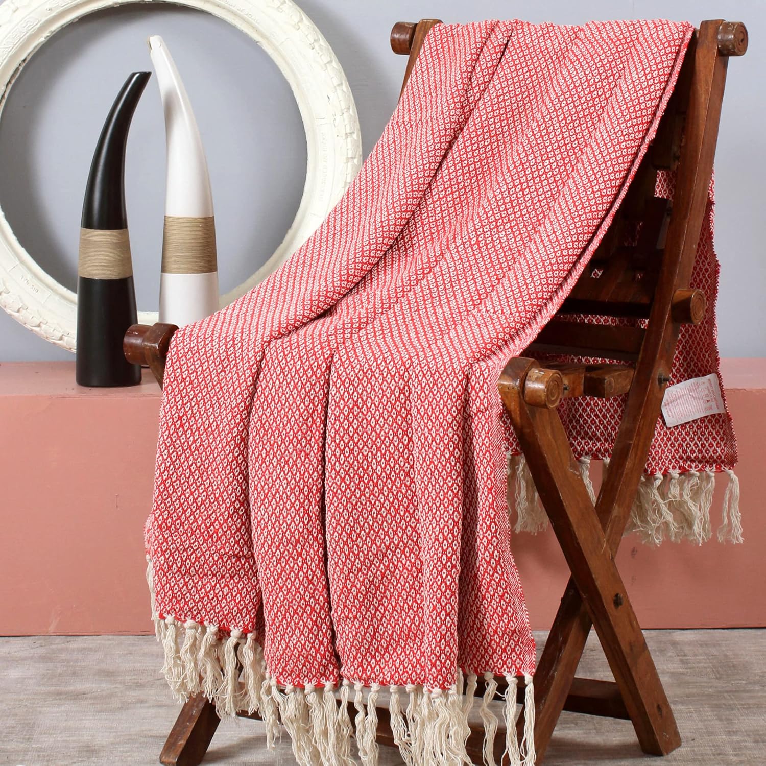 DEKORASI 100% Cotton Diamond Pattern Eco-Friendly Organic Throw Blanket for Couch with Fringes – Red & White  Cozy Lightweight Accent for Couch,