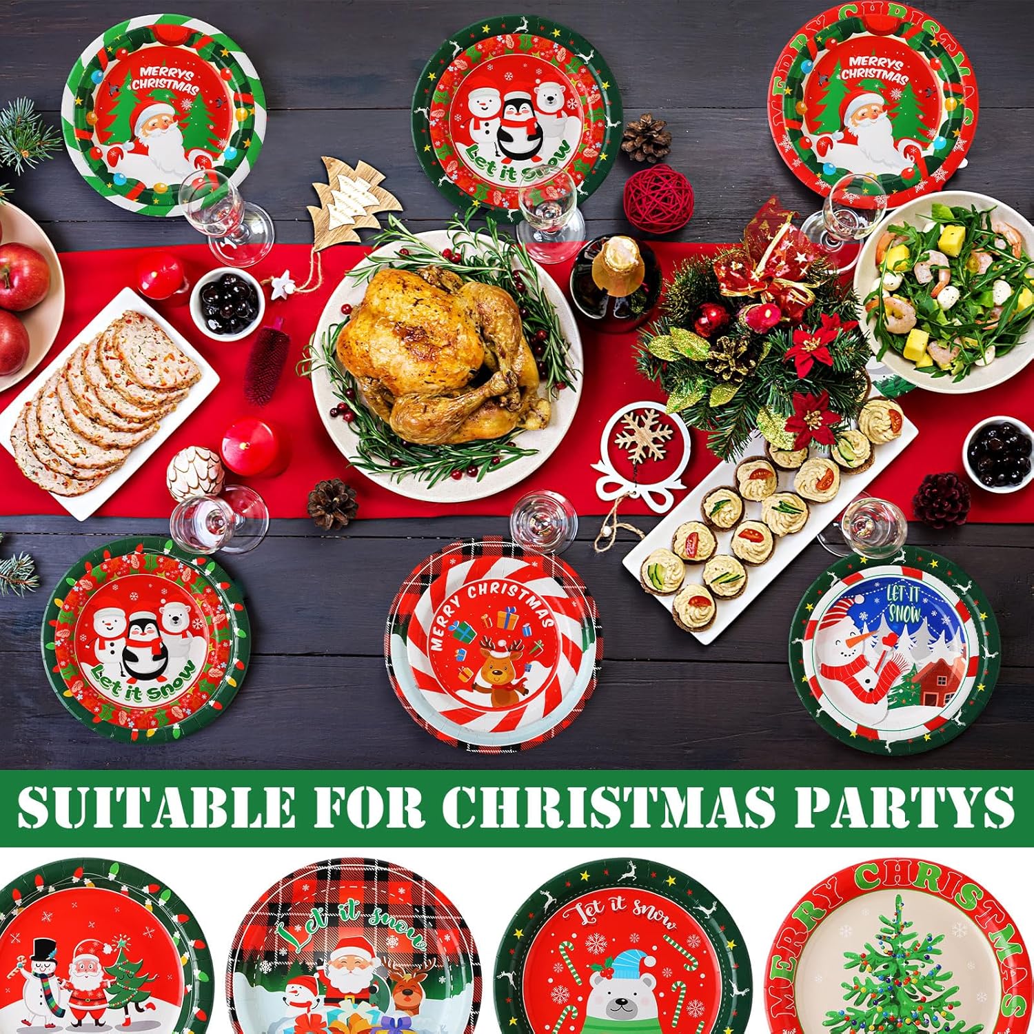 100 platos de papel de Navidad, redondos, desechables, suministros de fiesta de Navidad con colorido diseño de árbol de Papá Noel, alce, muñeco de