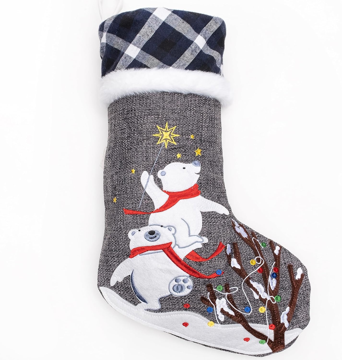 GEX Medias de Navidad personalizadas 2023 de 21 pulgadas, nombres bordados, de arpillera gris y azul, búfalo, piel sintética, lindo patrón para