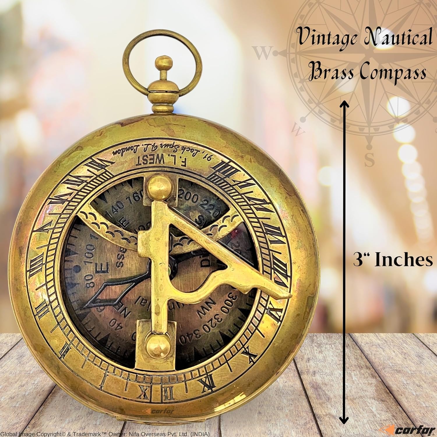 Carfar Brújula náutica reloj de sol hecho a mano latón macizo estilo vintage reloj de sol Push Open Navigational Marine Brújula con estuche de cuero