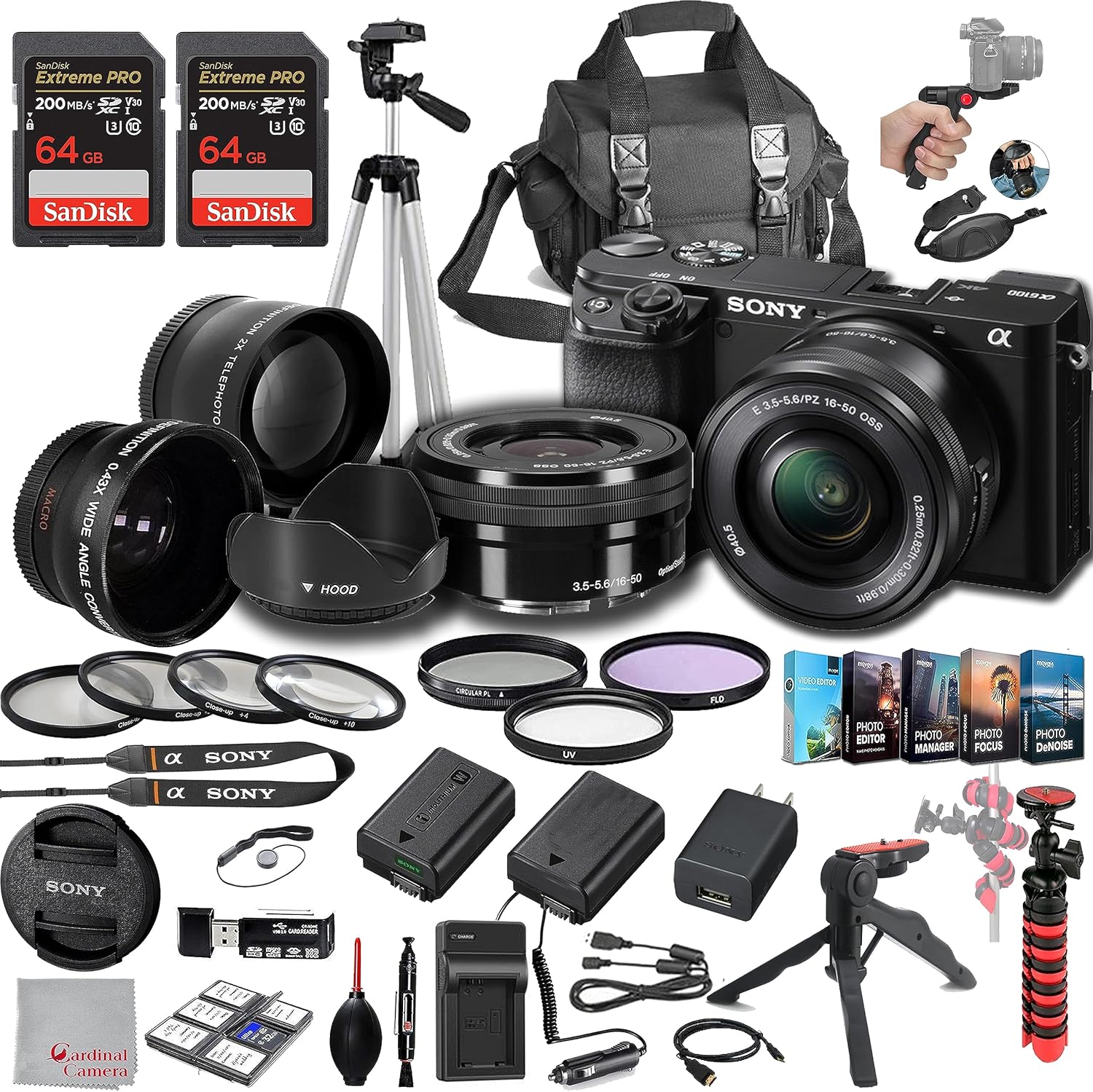 Sony Cámara sin espejo a6100 con lente de 0.630-1.969 in, memoria de velocidad extrema de 128 GB, lente gran angular .43 y 2X, funda, trípode,