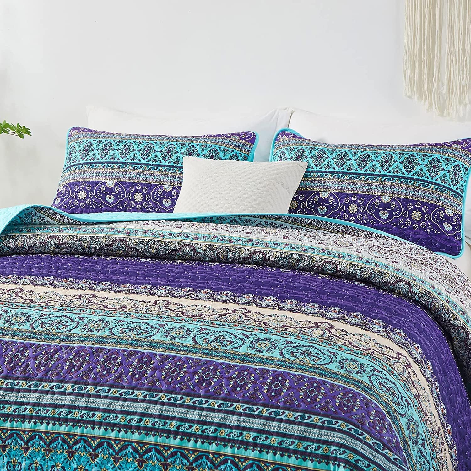 WONGS BEDDING Juego de edredón bohemio, edredón estampado de rayas bohemias azules y moradas, colcha de microfibra ligera para decoración de cama