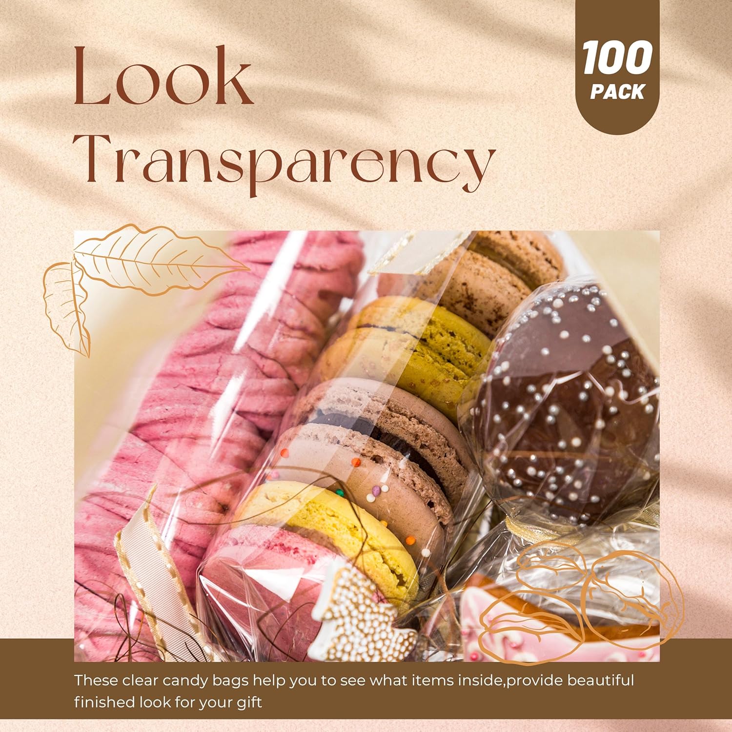 YunKo Paquete de 100 bolsas de celofán autosellantes, bolsas transparentes para galletas para regalo, bolsa para empacar galletas, dulces, regalos