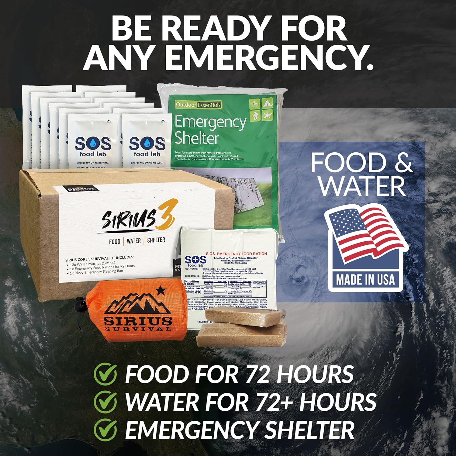 El kit de supervivencia Sirius 3 y preparación para emergencias – Alimentos, agua y refugio durante 72 horas – 5 años de vida útil