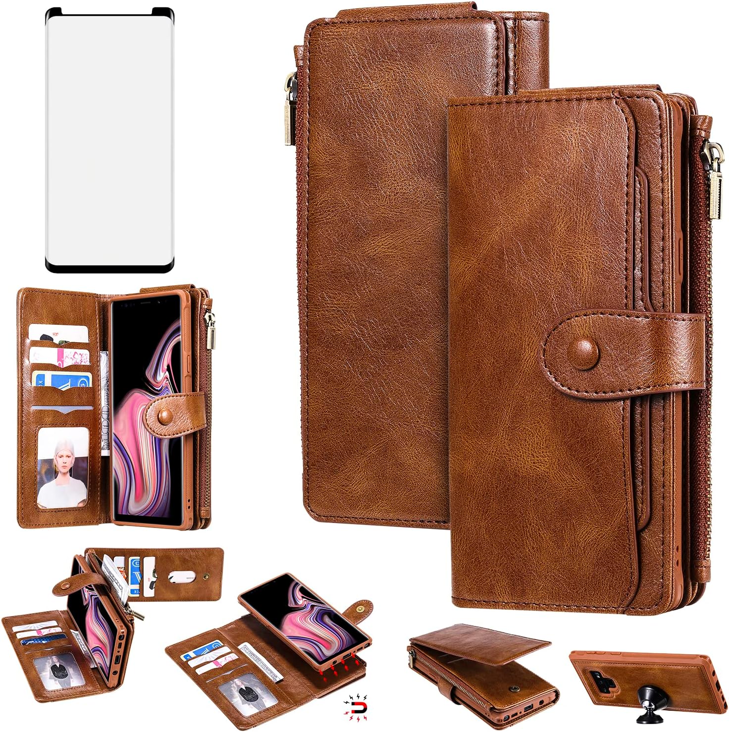 Asuwish Funda de teléfono para Samsung Galaxy Note 9 con cremallera, funda desmontable con protector de pantalla de vidrio templado y soporte de