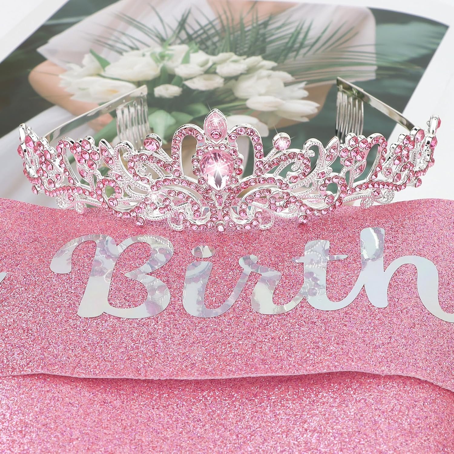 Corona de cumpleaños para mujer, juego de banda y tiara de diamantes de imitación, banda de cumpleaños de princesa y tiara para mujer, decoración de