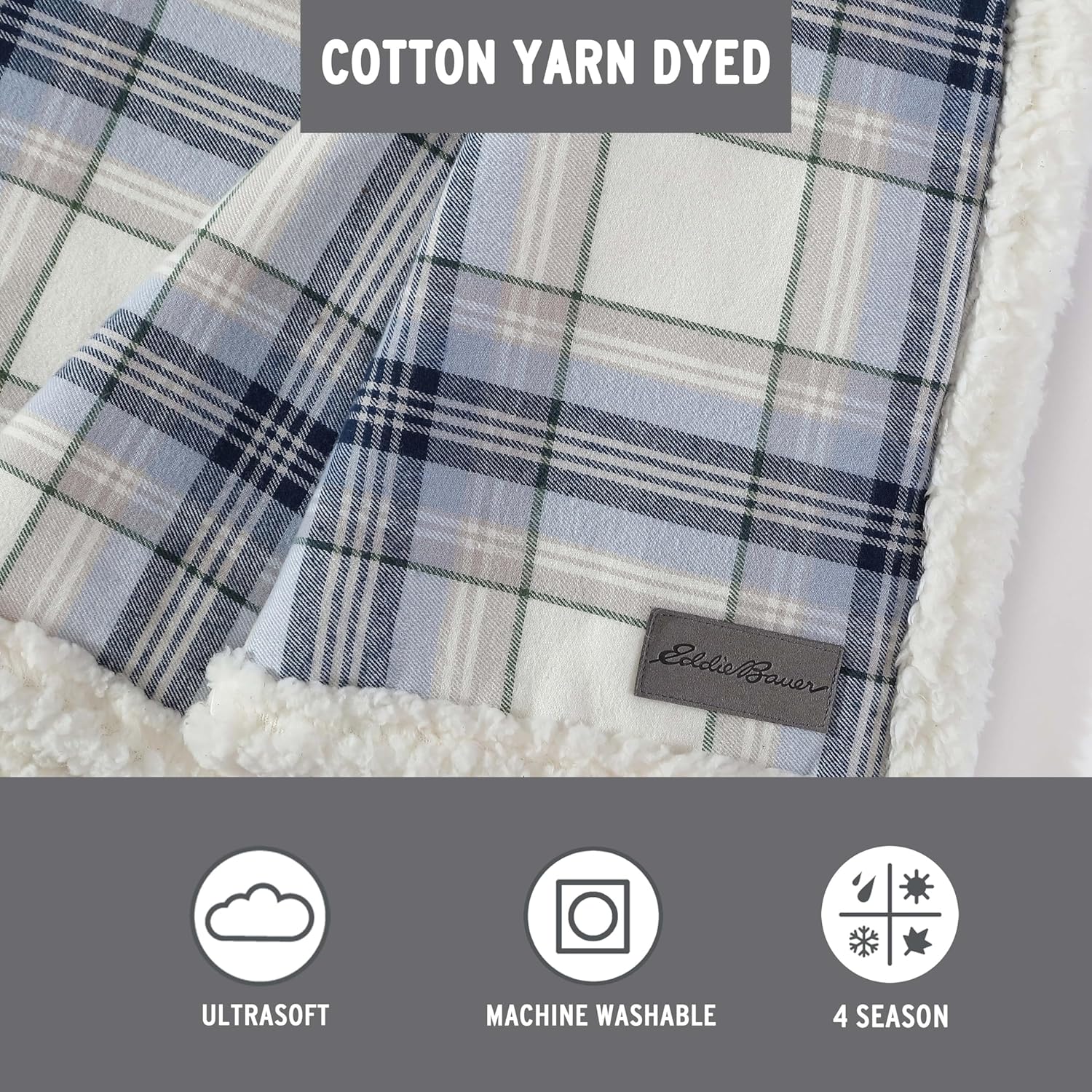 Eddie Bauer Manta decorativa de franela de algodón para el hogar, ropa de cama reversible de sherpa para todas las estaciones, a cuadros, azul