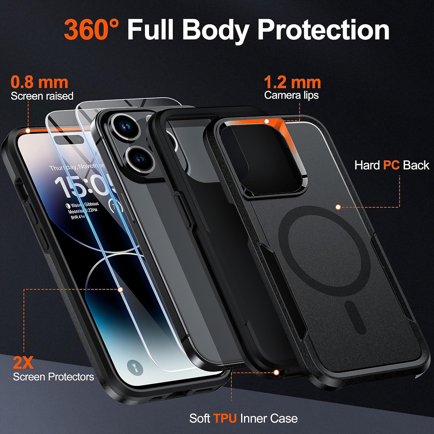 Funda diseñada para iPhone 15 Pro, 2 protectores de pantalla, compatible con MagSafe, protección militar de 15 pies, doble capa, resistente y