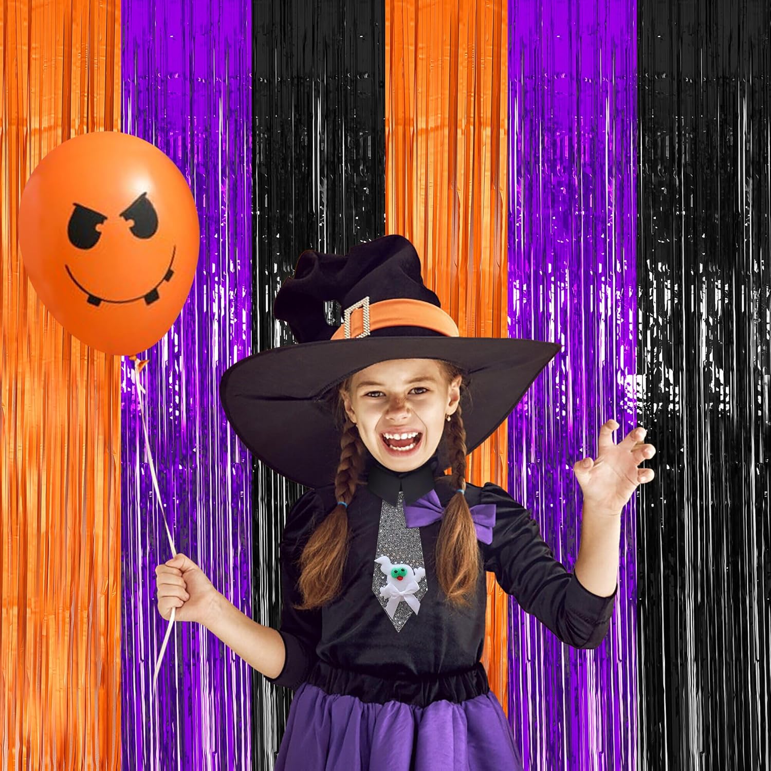 2 Packs 3.3ft x 8.2ft Halloween Orange Purple Black Tinsel Foil Fringe Curtains, Metallic Foil Curtains for Home Outdoor Halloween Party Photo Booth
