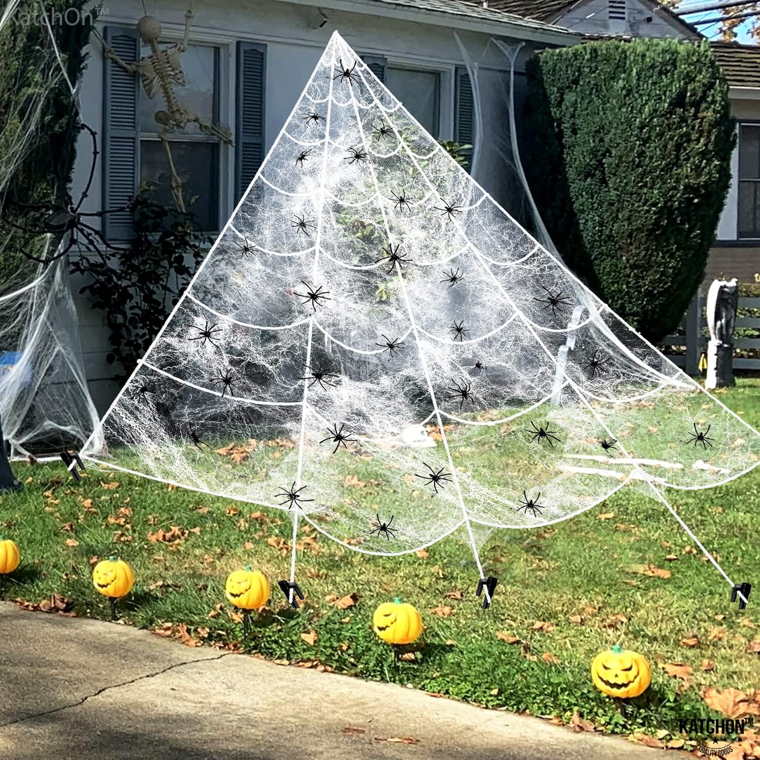 Katchon, Decoraciones de Halloween de araña gigante, paquete de 2, telaraña triangular de Halloween para exteriores, cuerda de telaraña, decoración