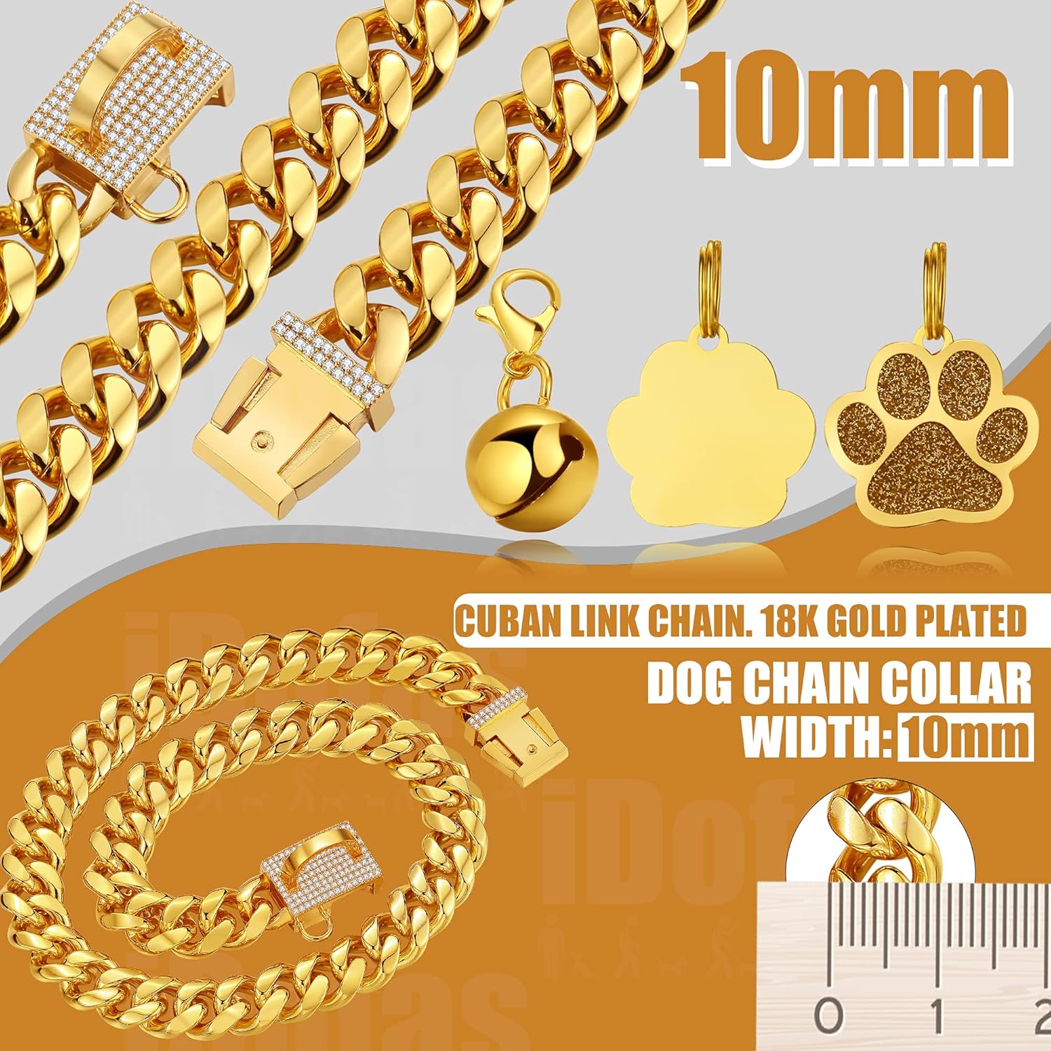 Collar de cadena para perro, collar dorado de 0.394 pulgadas con eslabones cubanos de acero inoxidable con hebilla de diamante de circonita cúbica,
