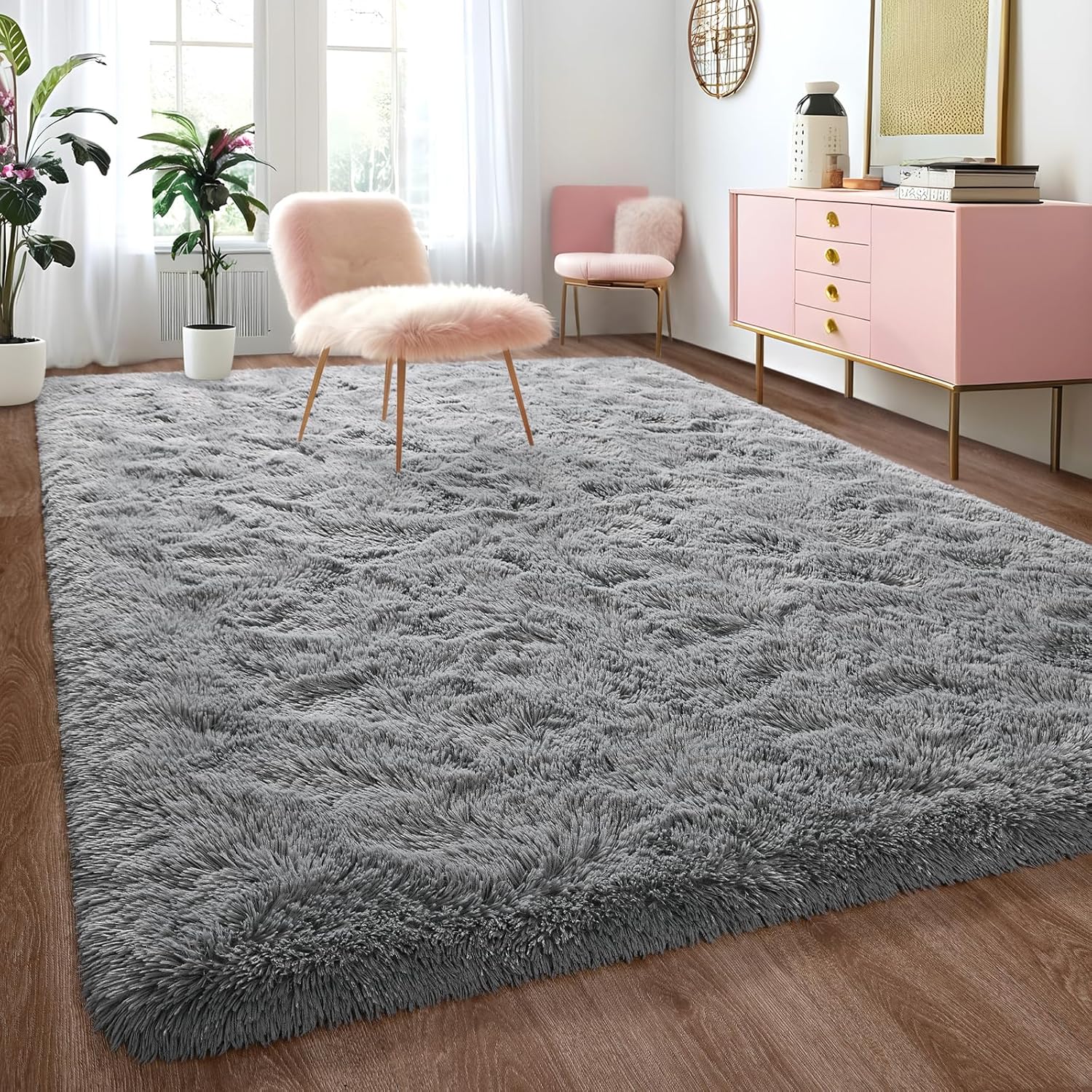 Jocovieh Alfombras grises suaves para dormitorio, alfombras esponjosas de 5 x 7 pies, alfombras modernas de felpa para sala de estar, habitación de