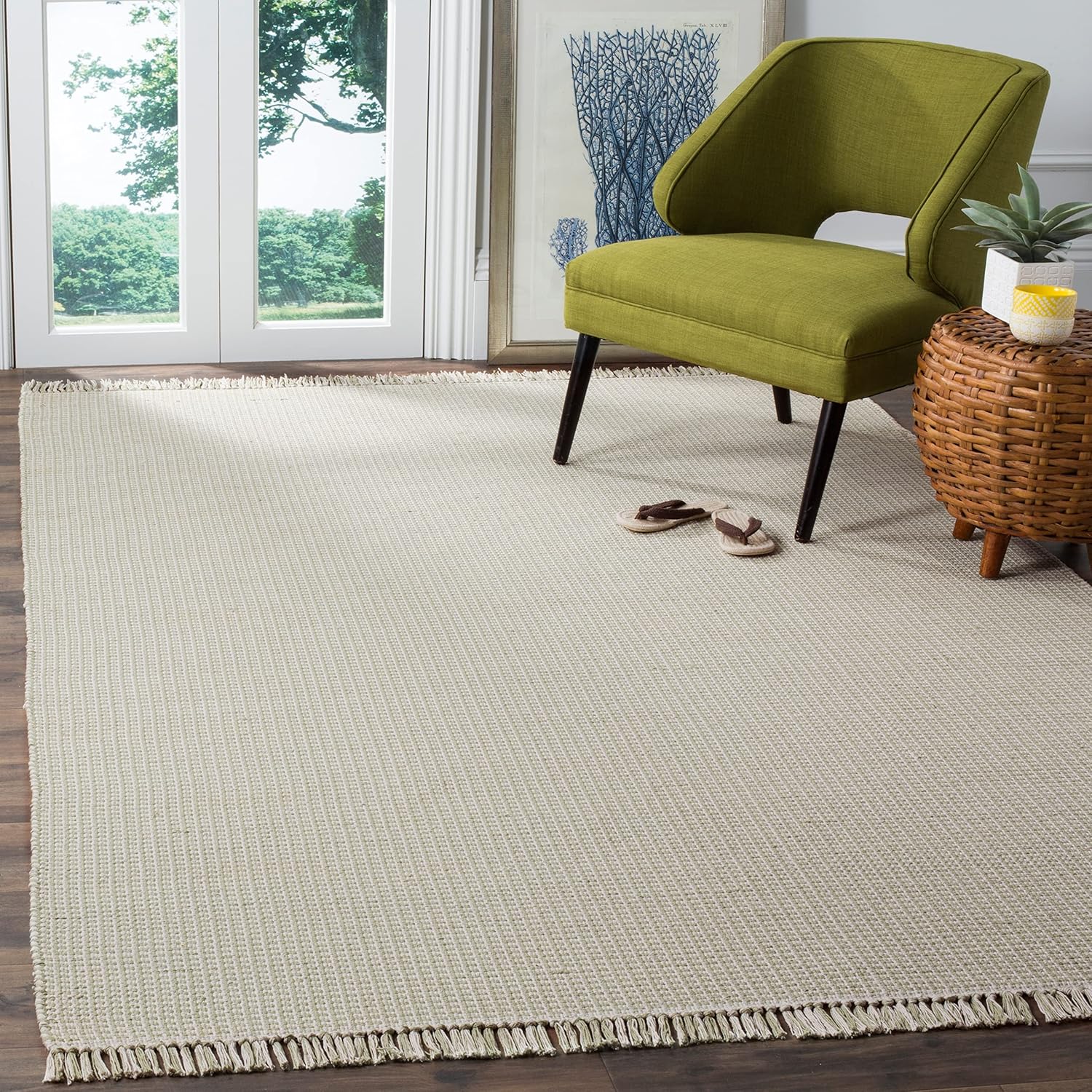 SAFAVIEH Montauk Collection – Alfombra decorativa de 4 x 6 pies, color marfil y verde, hecha a mano, tejido plano, bohemio, con borlas de algodón,