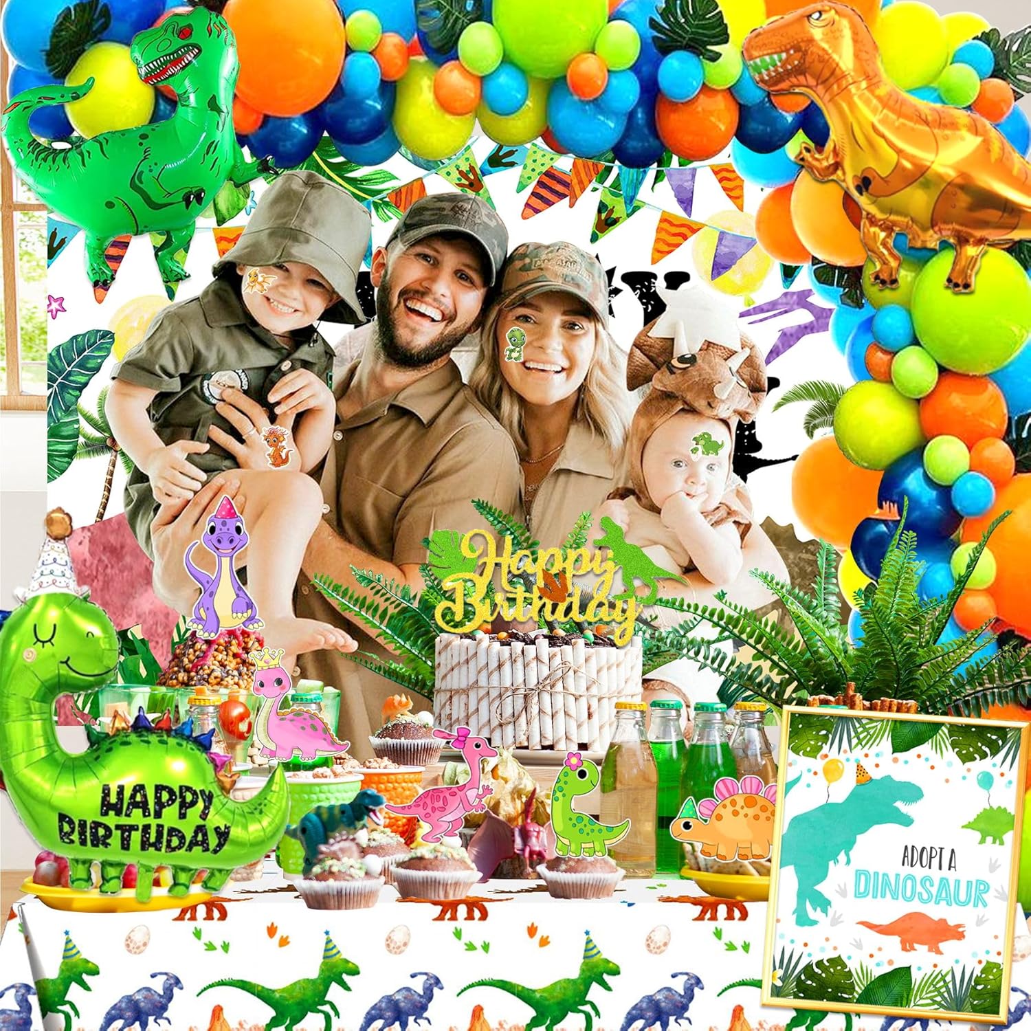 115 piezas de decoración de fiesta de cumpleaños de dinosaurio para niños, decoración de pastel de dinosaurio, kit de globos de dinosaurio,