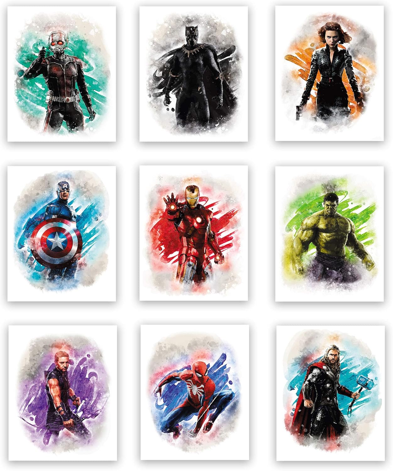 Marvel Avengers – Impresiones artísticas de superhéroes en acuarela (sin marco), gran regalo de 10 (8 x 10 pulgadas), decoración para habitación de