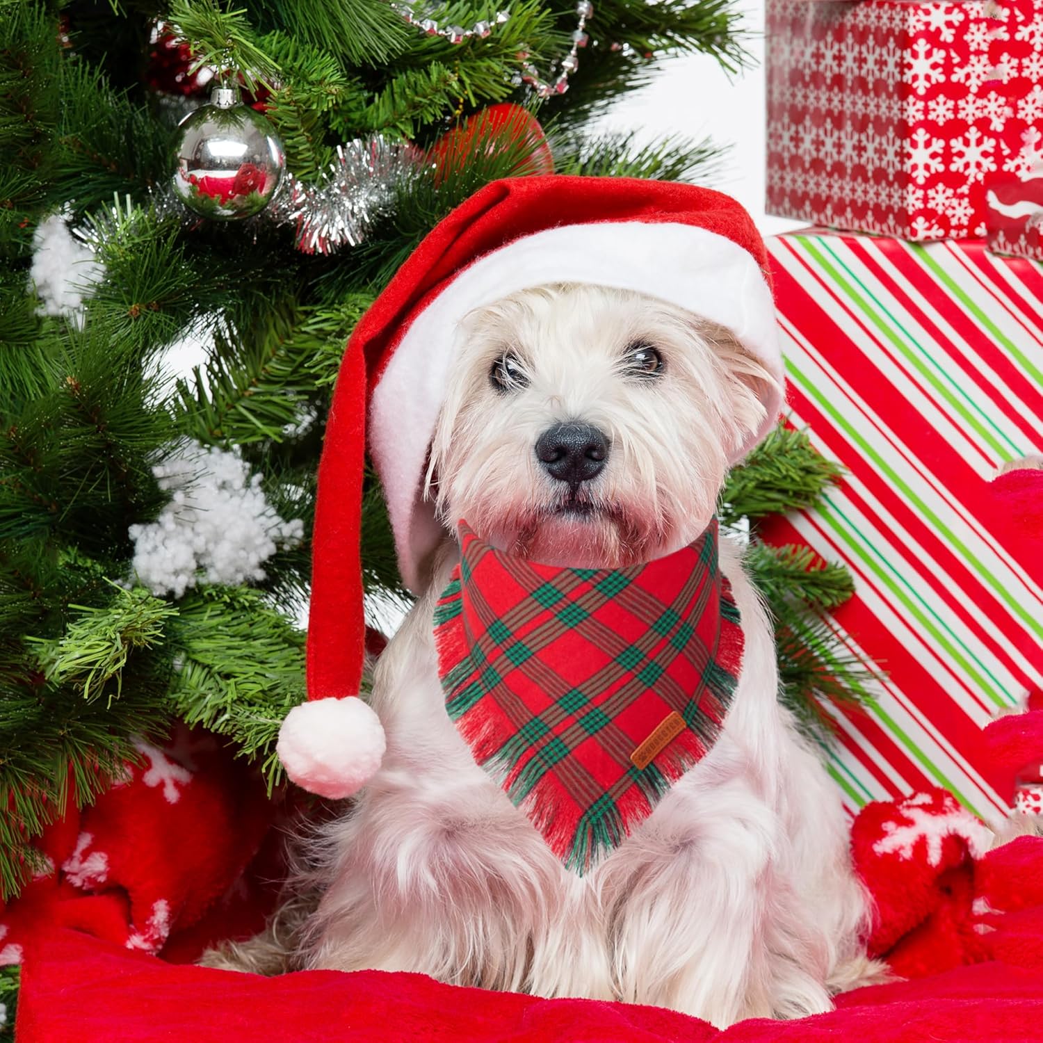 ADOGGYGO Bandanas navideñas para perros con borlas, babero de Navidad a cuadros rojos y verdes, varios tamaños disponibles, bandanas de Navidad para