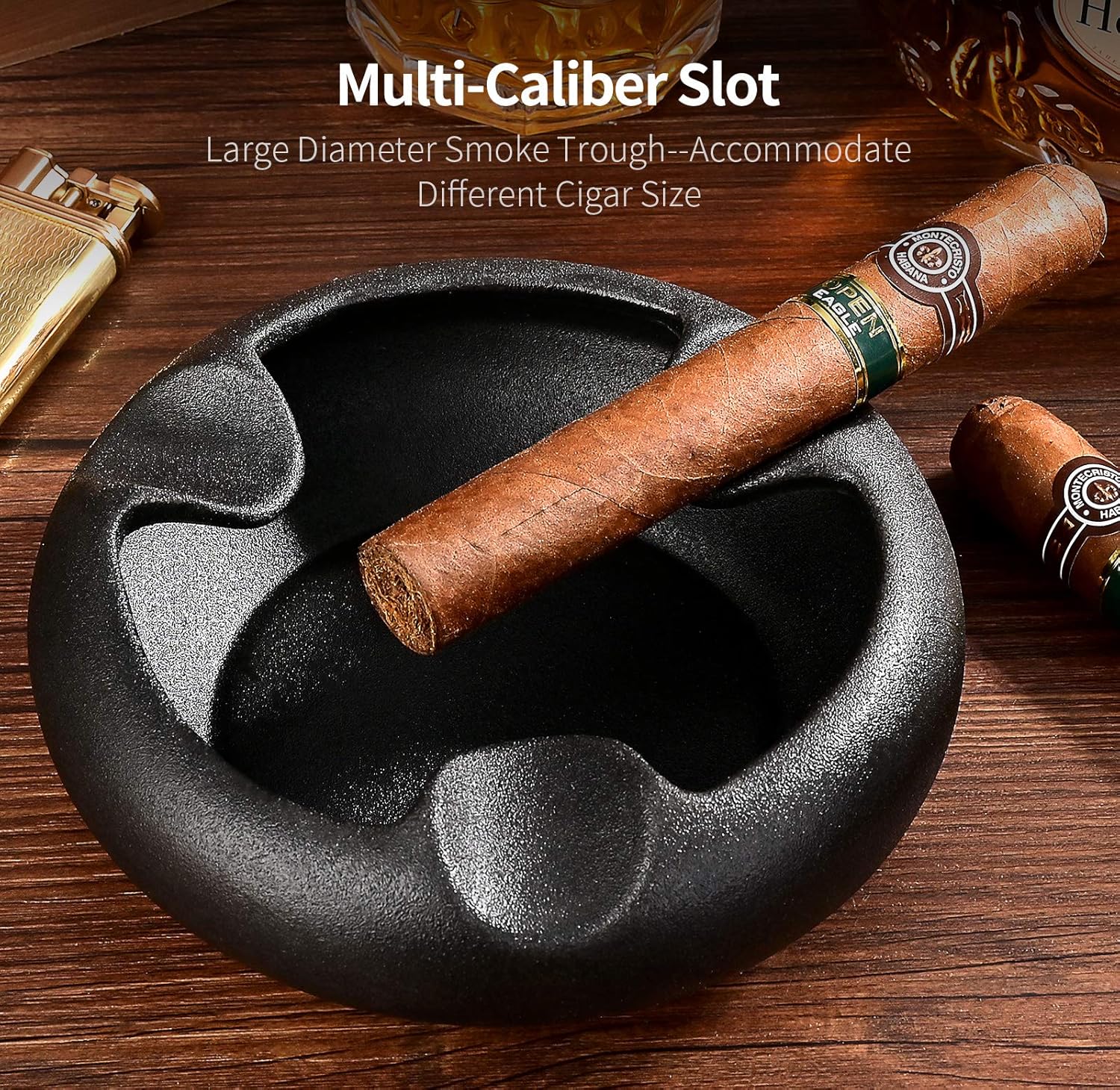 Ceniceros de cigarros de cerámica para exteriores e interiores con 3 soportes para puros para hombres de lujo (negro escarchado)