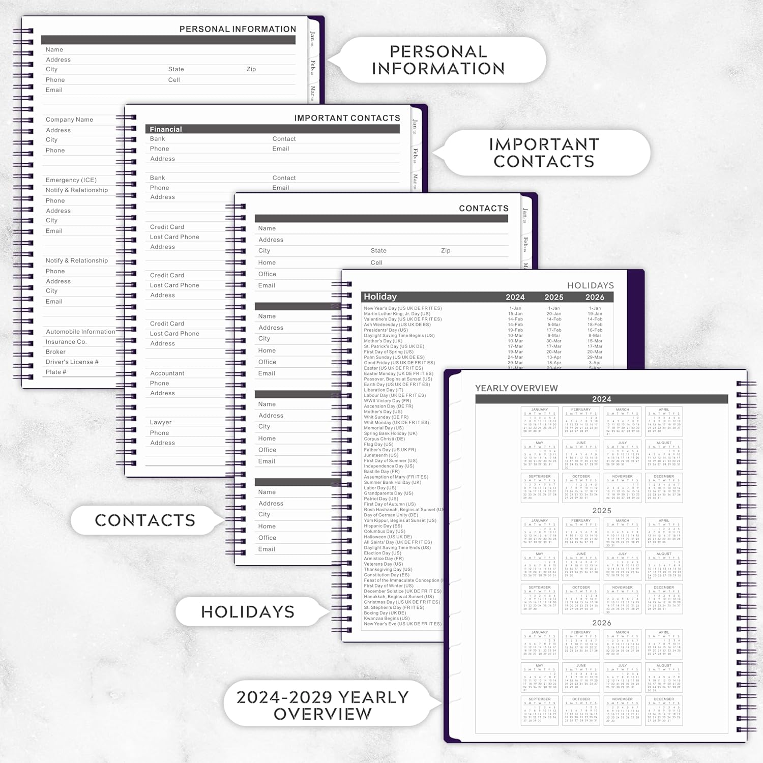 Agenda mensual 2024-2028, calendario mensual de 5 años de enero de 2024 a diciembre de 2028, agenda mensual de 60 meses, 9 x 11 pulgadas, calendario