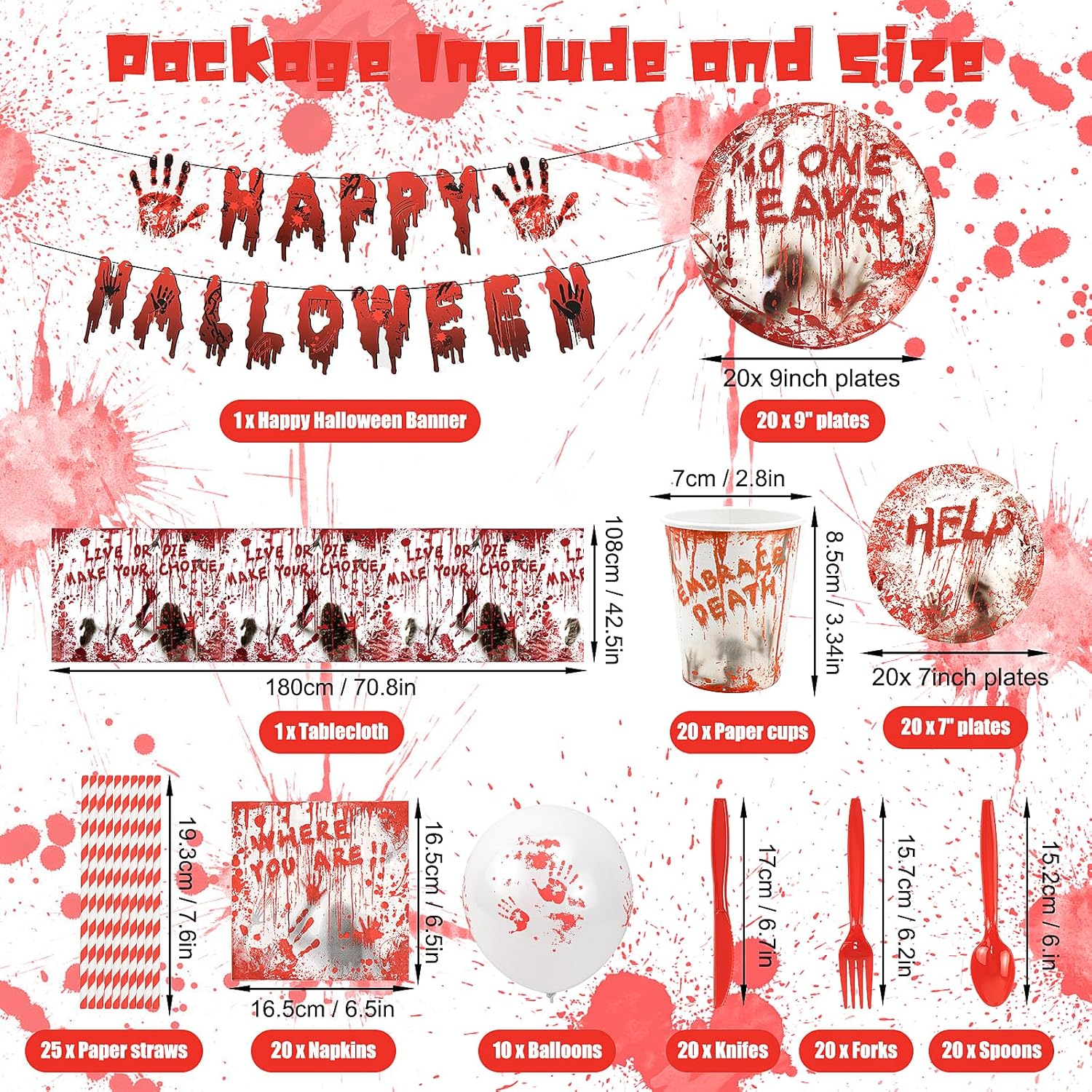 SelfTek Juego de vajilla de 177 piezas de suministros para fiesta de Halloween, decoraciones de fiesta de Halloween, vajilla desechable, platos de