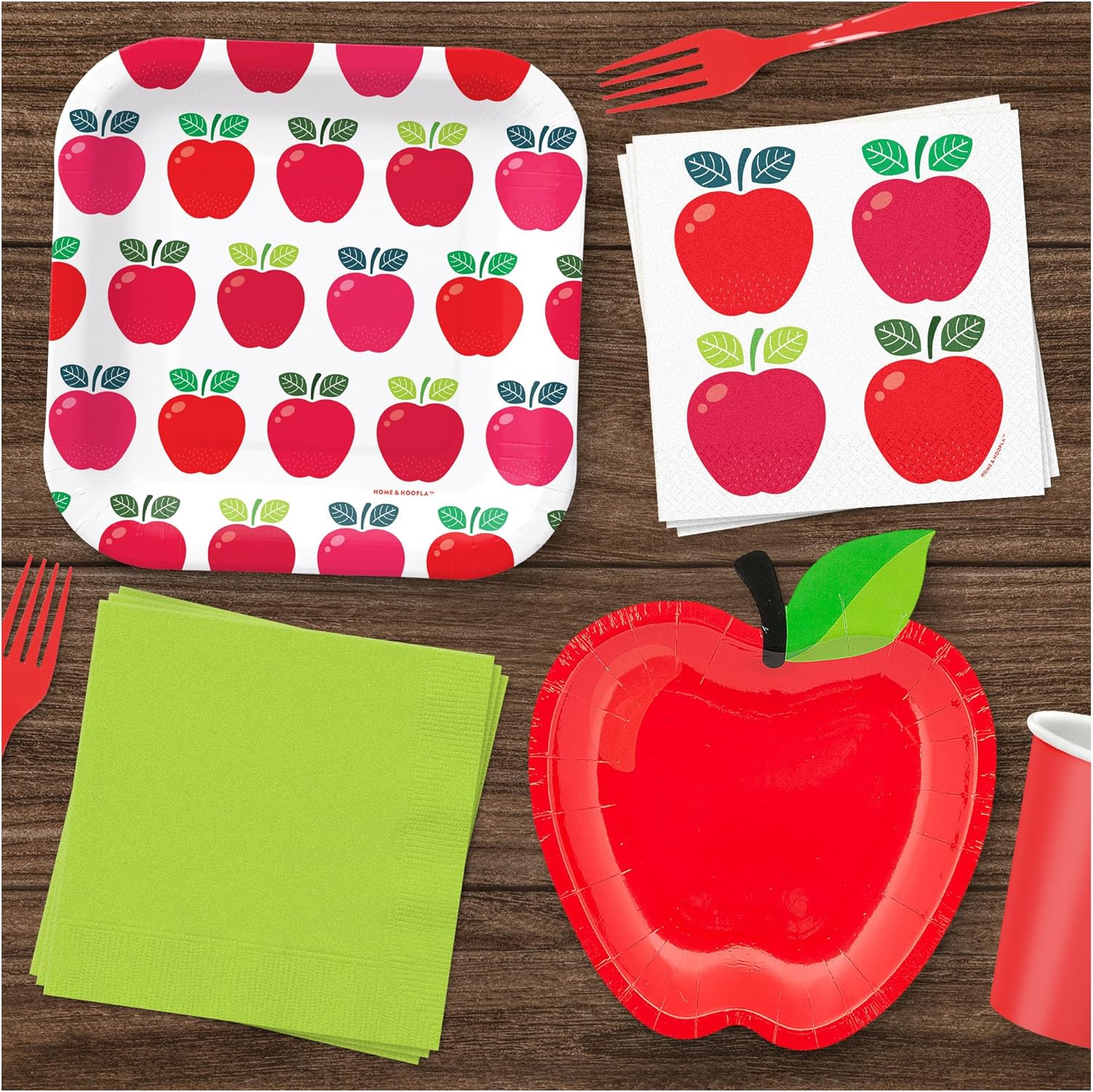 Apple Party Mix – Platos cuadrados de postre de papel, platos de aperitivo en forma de manzana y servilletas para bebidas (32 platos y 32