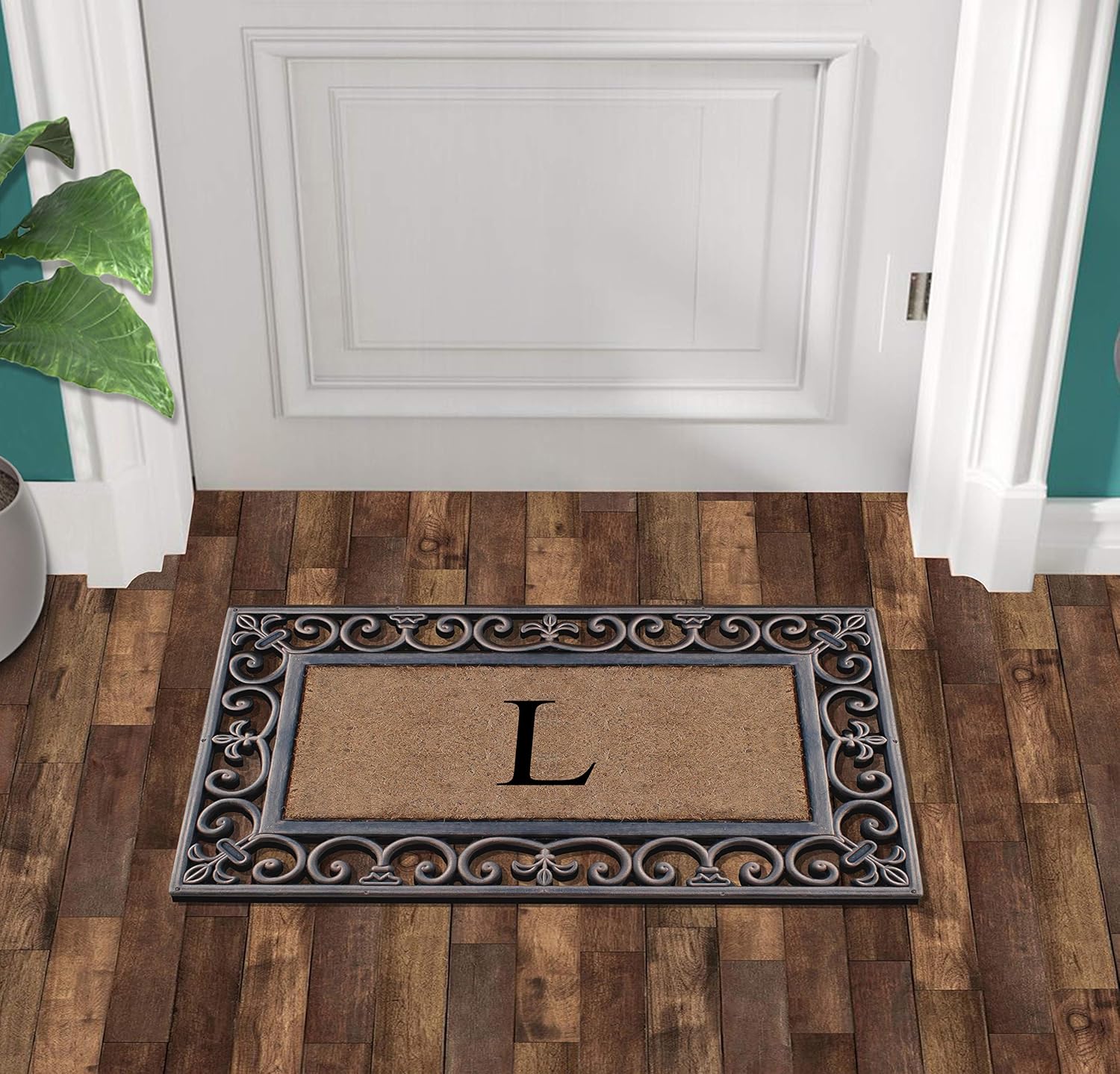 A1HC – Tapete de goma natural y fibra de coco de 18 x 30 pulgadas, monograma para puerta delantera, tratamiento antidesprendimiento, duradero para