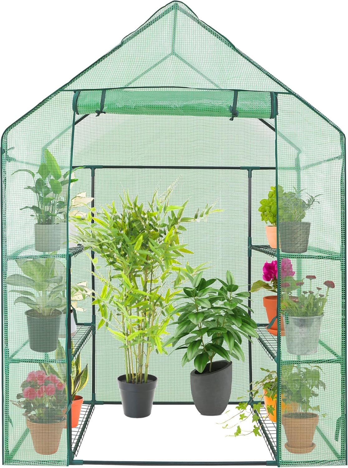 Mini invernadero de 3 niveles con 12 estantes, cubierta de tela de polietileno con puerta enrollable con cremallera para flores y plantas