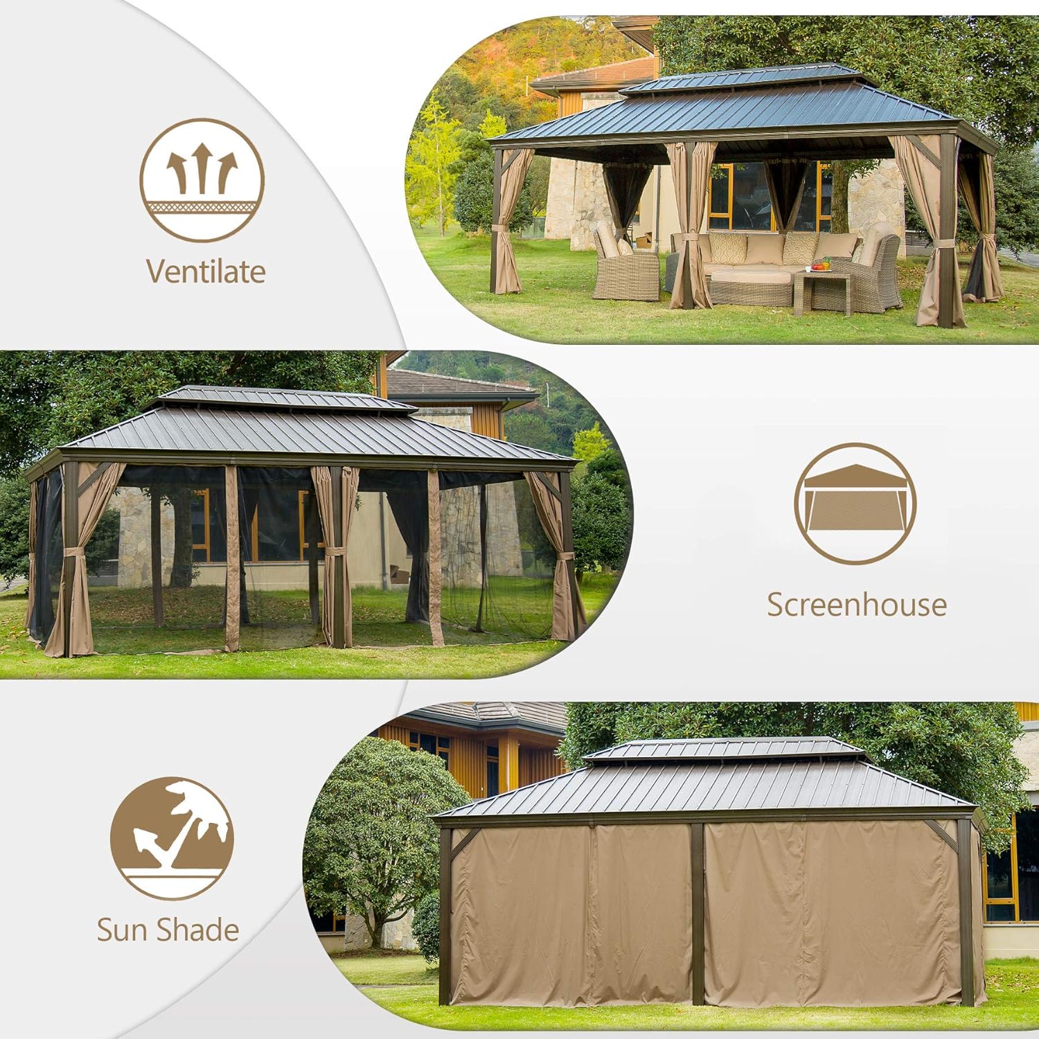 Domi Outdoor Living Gazebo de aluminio para exteriores de 12 x 18 pies con techo doble de acero galvanizado para césped y jardín, con cortinas y red