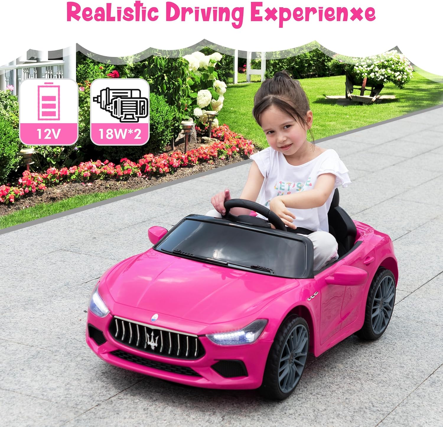 TOBBI Kids Ride on Car, 12V Licensed Maserati Ghibli, Electric Car for Boy Girl with Remote Control, 3 Speeds, Music, Bright Lights, MP3, USB,