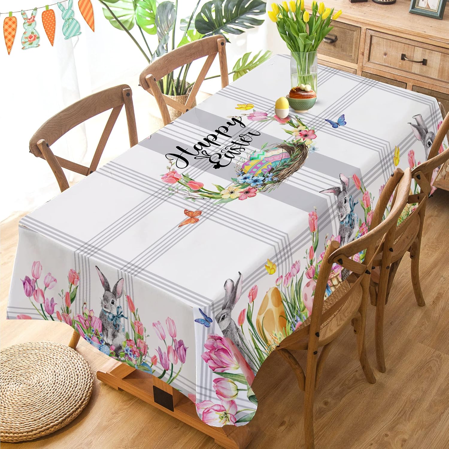 Hexagram Mantel de Pascua, mantel rectangular de 52 x 70 pulgadas, tela de primavera, decoración de conejito para cena, fiestas