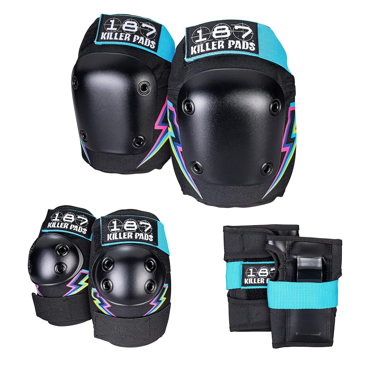 187 KILLER PADS Rodilleras, coderas y muñequeras, juego de seis piezas, perno eléctrico, talla XS