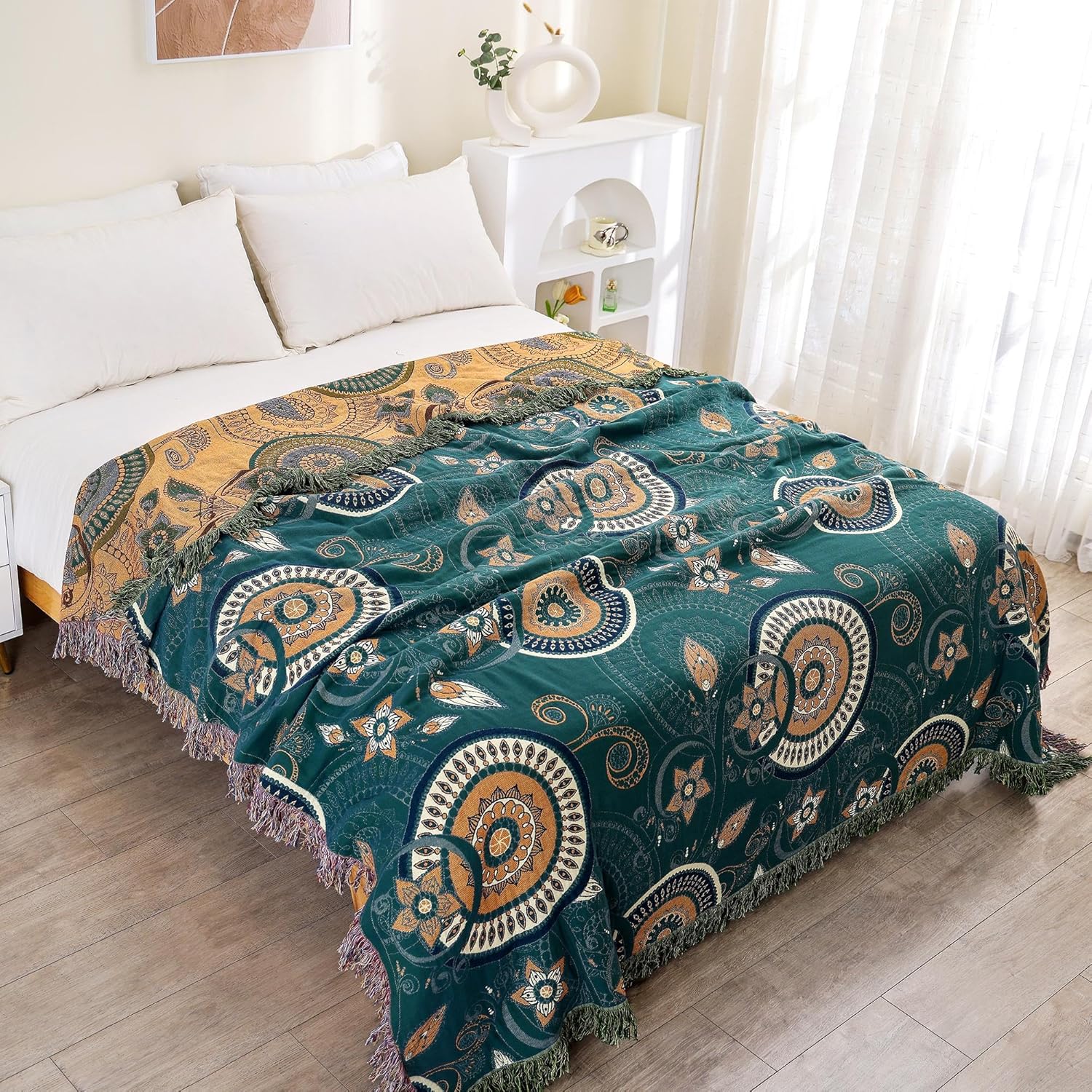 Manta bohemia para cama, 100 % algodón, edredón rústico ultra suave, decoración de granja, manta rústica para todas las estaciones para sofá, silla
