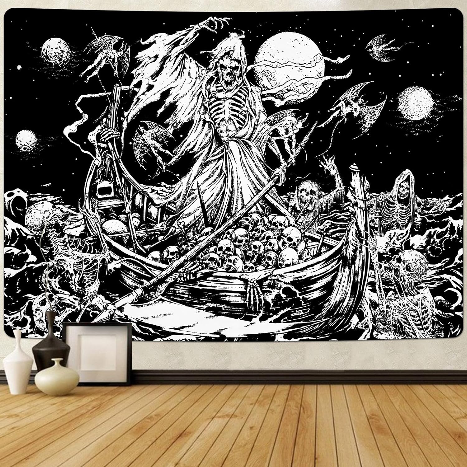 Krelymics Tapiz de calavera de terror, murciélago de terror, tapiz de barco de remo en blanco y negro, tapiz de esqueleto, tapiz gótico, tapiz