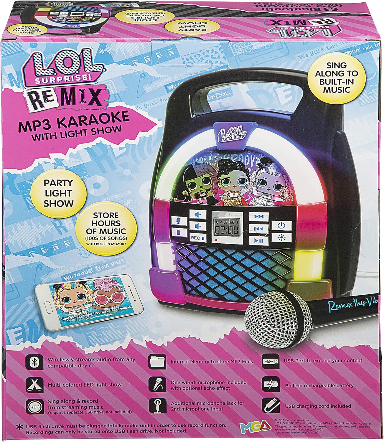 Remix OMG Máquina de karaoke Bluetooth Reproductor de MP3 portátil con espectáculo de luces LED de discoteca, almacena horas de música con memoria