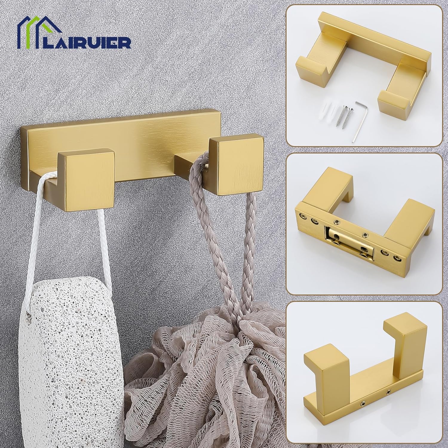 Lairuier Juego de accesorios de baño, juego de accesorios de baño de 4 piezas de oro cepillado, incluye toallero, soporte para toallas, soporte para