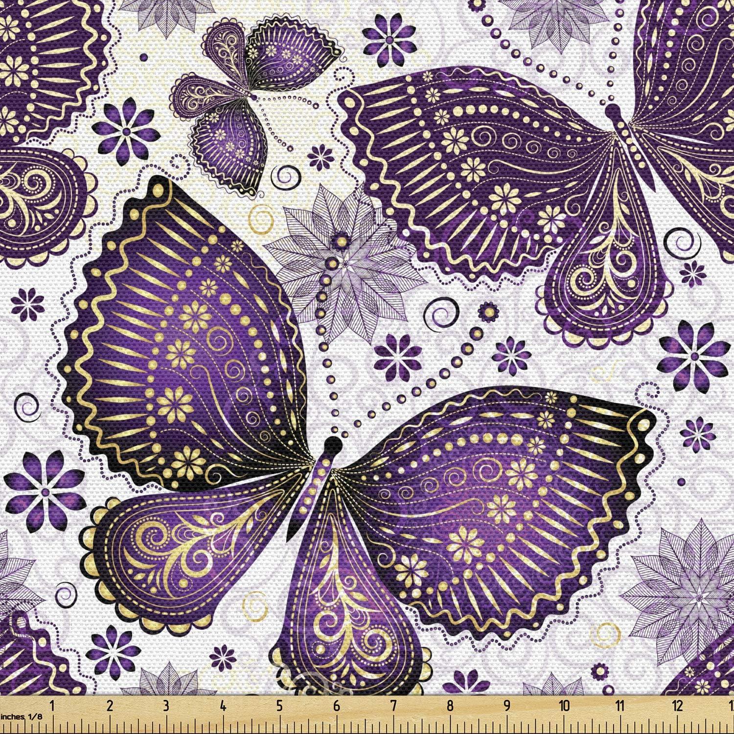 Ambesonne Tela natural de The Yard, mariposas con motivo de cachemira en alas y flores, material artístico, para almacenamiento de tela resistente