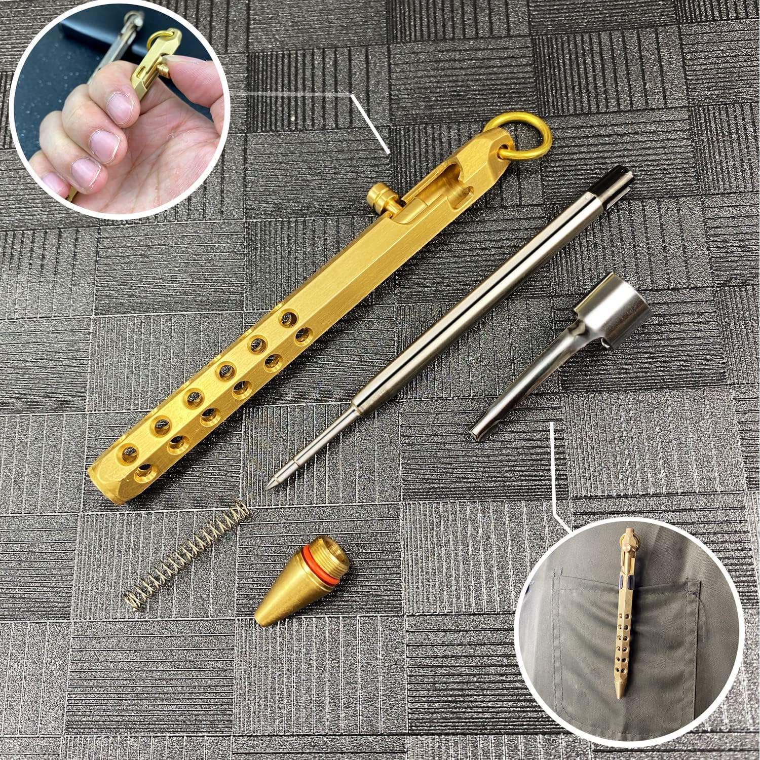 YUEZUDPO Bolt Action – Bolígrafo de latón macizo, bolígrafo de bolsillo de seis bordes, bolígrafo táctico de metal con recambios y clip, bolígrafo