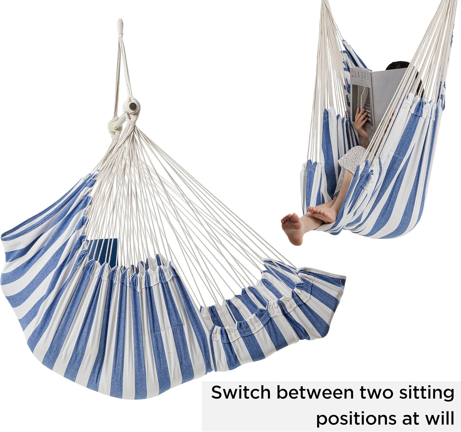 HBlife Hamaca extra de 500 libras, cómoda silla colgante con barra de metal portátil de algodón, columpio para dormitorio, blanco y negro
