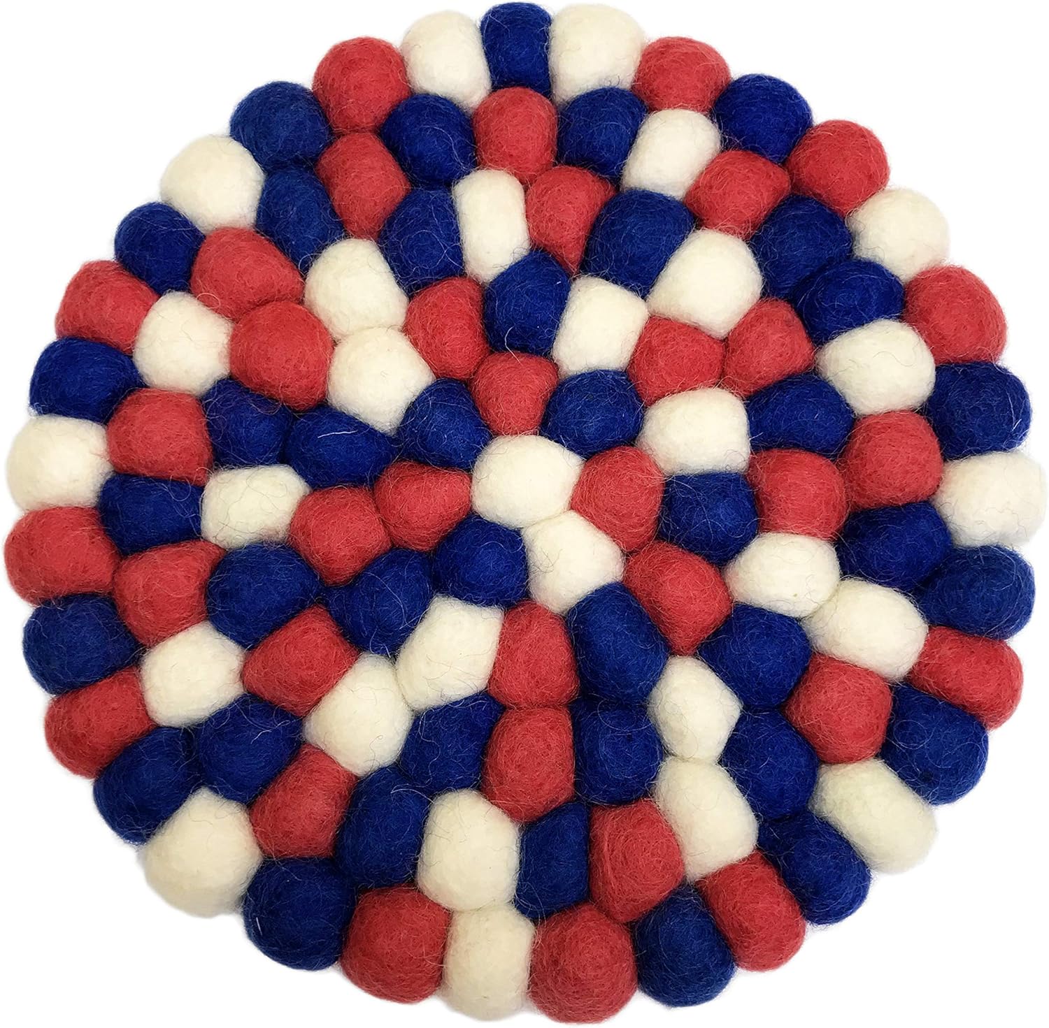 Bolas redondas de fieltro de lana hechas a mano con temática patriótica roja, blanca y azul, soporte decorativo para placa caliente (redondo)
