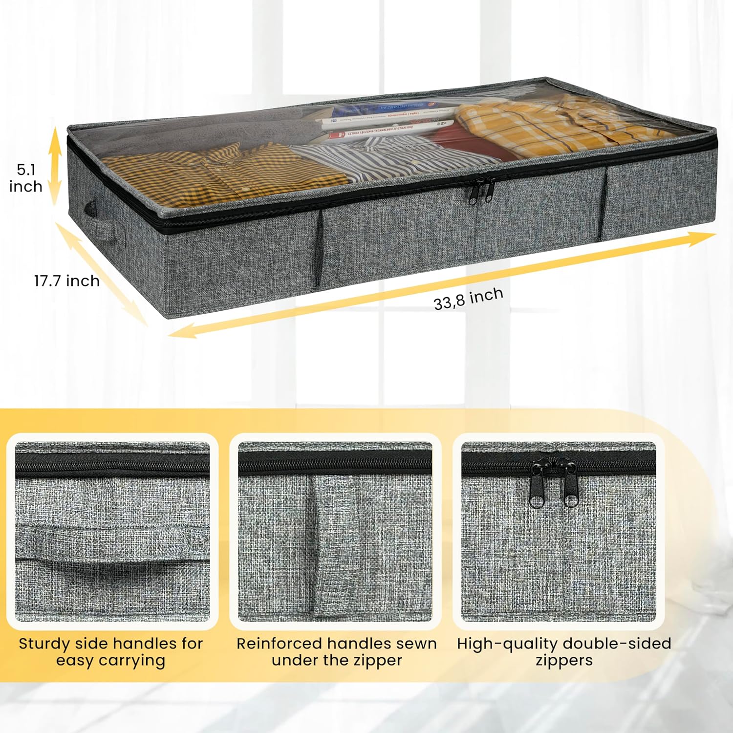 Clutter Mutter Contenedores de almacenamiento para debajo de la cama de 5 pulgadas de alto, 33.8 x 17.7 x 5.1 pulgadas, resistente organizador de