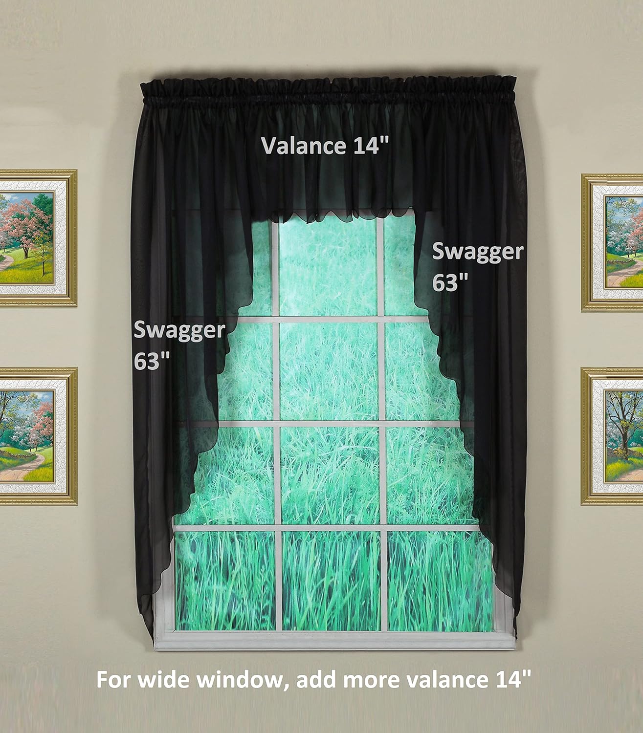 Today’s Curtain Cenefa de gasa original Emelia de 14 pulgadas, negro, 60 pulgadas de ancho x 14 pulgadas de largo