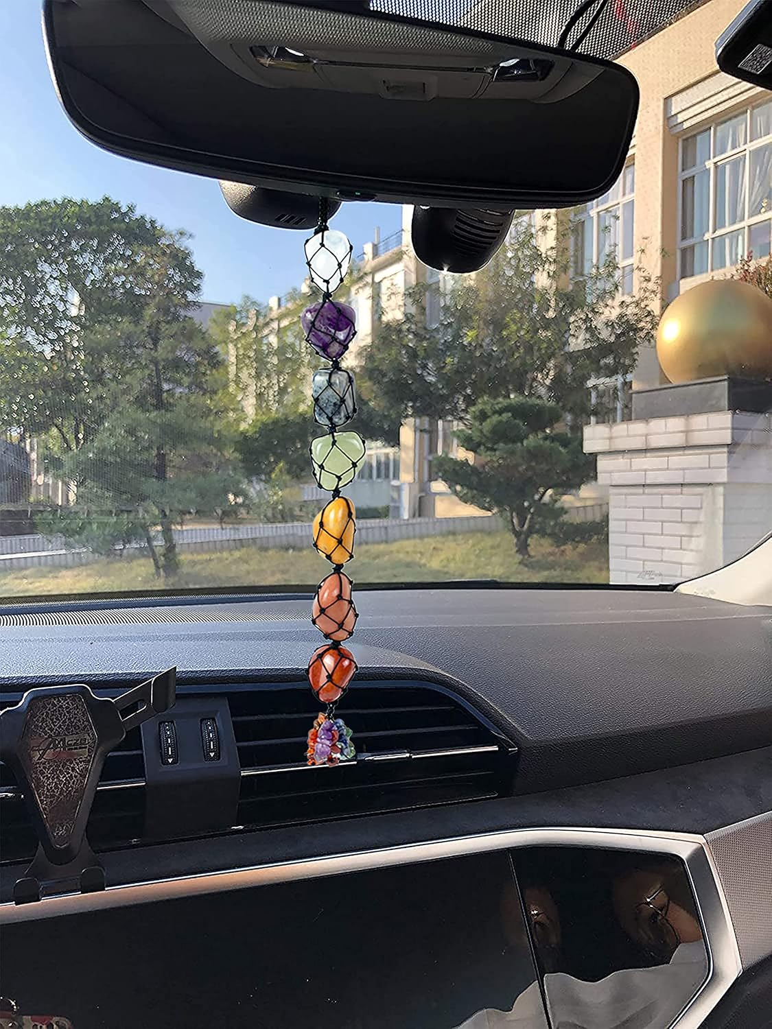 Adorno colgante de auto de 7 chakras, accesorios colgantes de cristal áspero para reiki, curación, equilibrio, borla para colgar en la pared,