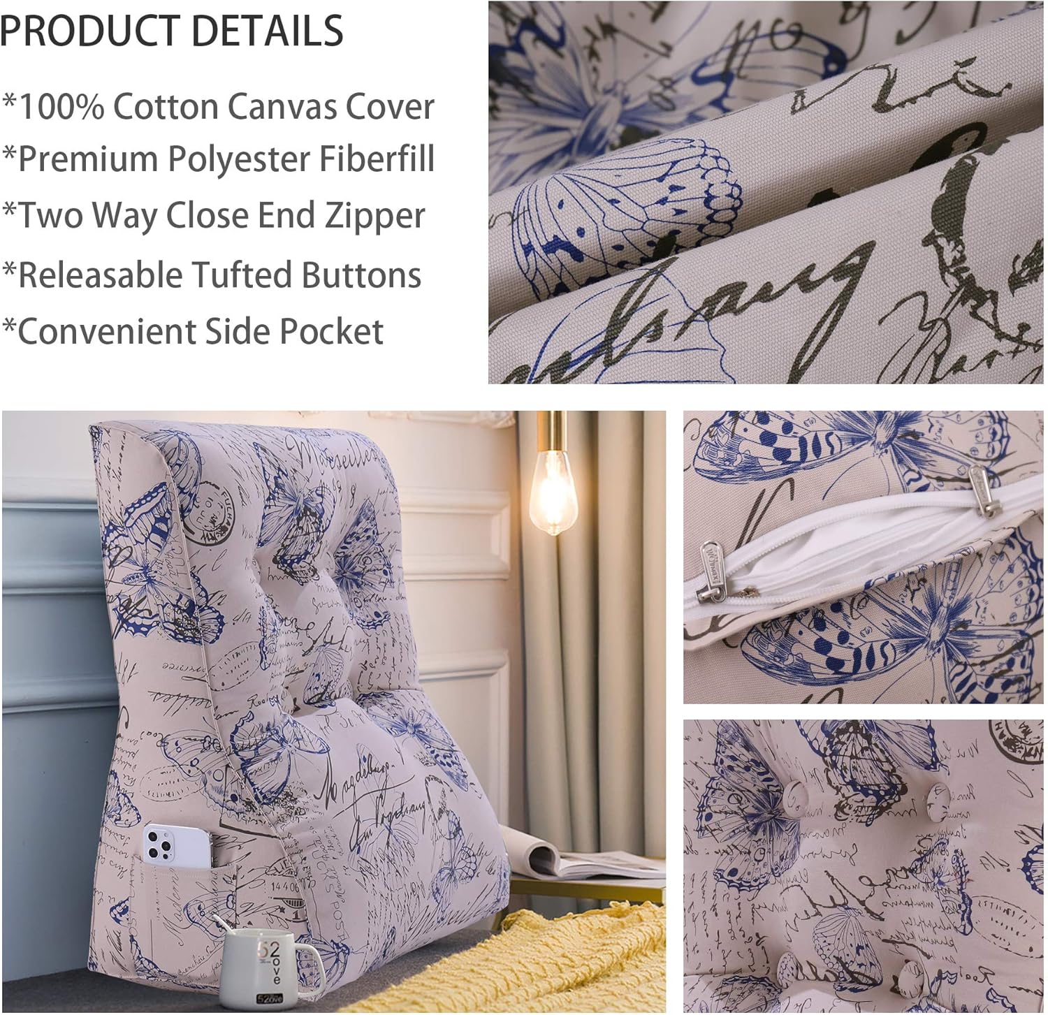 YXCSELL Almohada de cuña para respaldo, almohada de respaldo impreso, almohada de lectura para dormir para sentarse en la cama, soporte de espalda,
