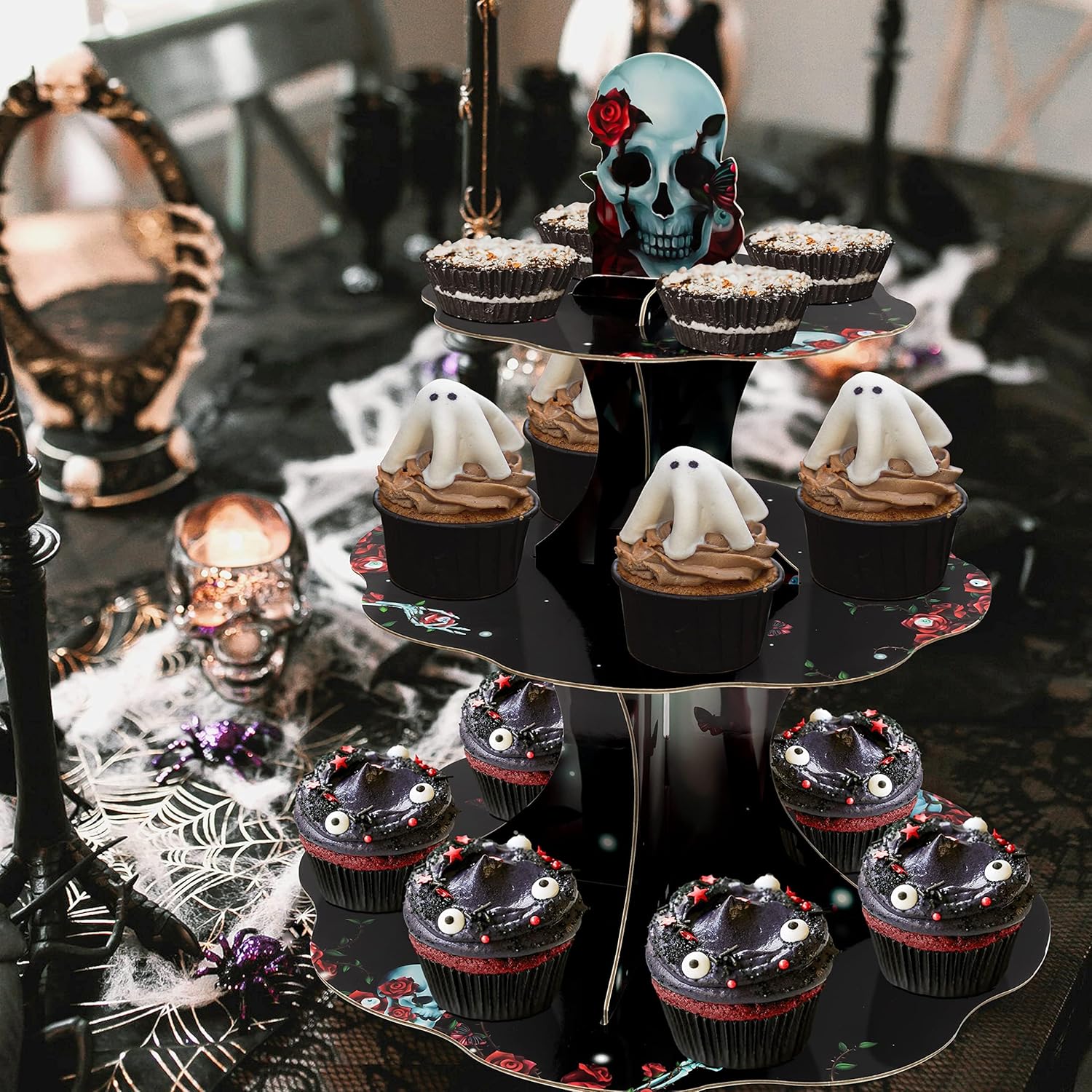 Cheerland Soporte gótico para cupcakes con diseño de calavera de rosa para decoración de fiesta de Halloween, decoración de mesa de esqueleto