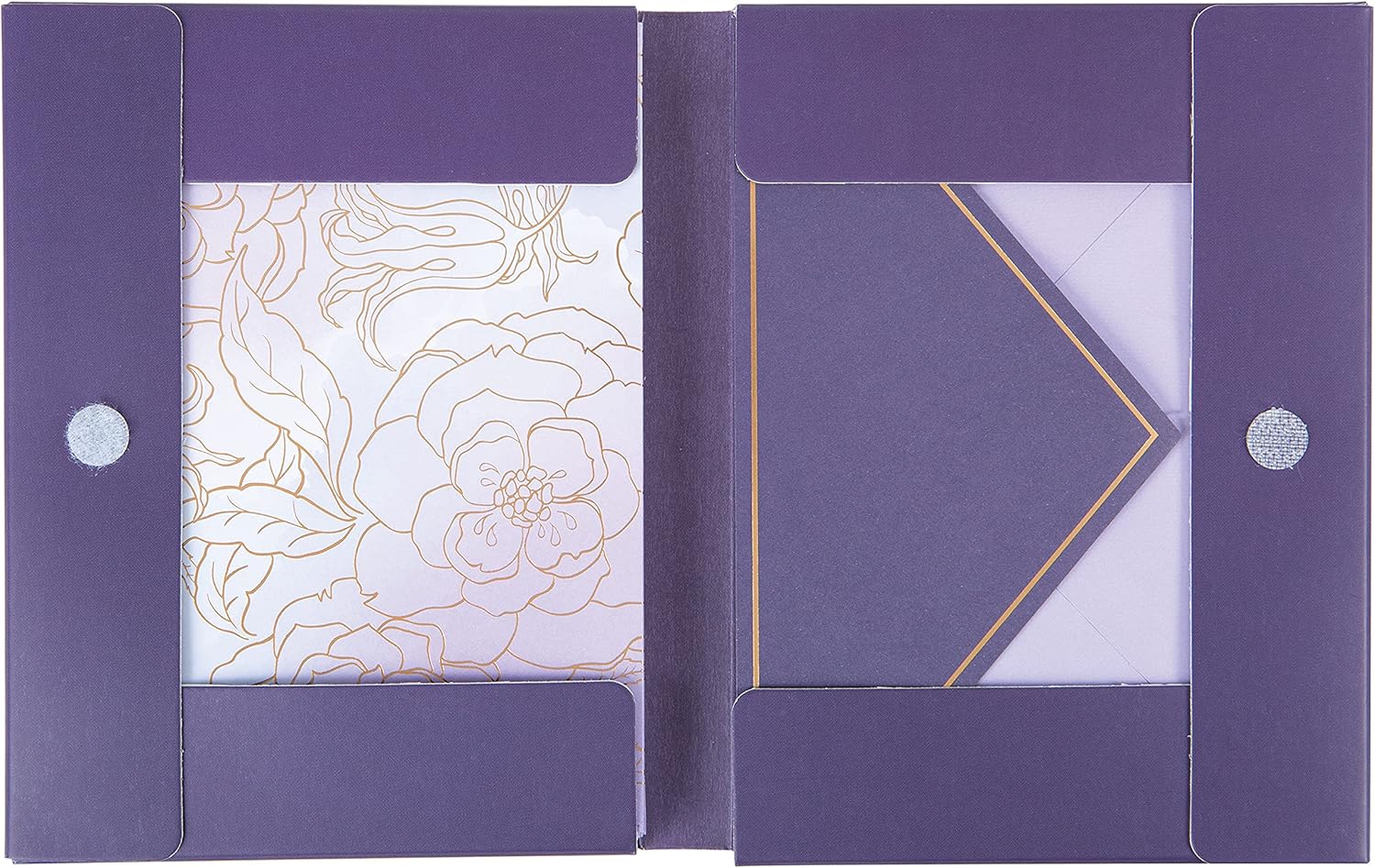 C.R. Gibson CN89-24042 – Juego de tarjetas de felicitación en caja y para todas las ocasiones, 10 tarjetas con 10 sobres, floral dorado y morado