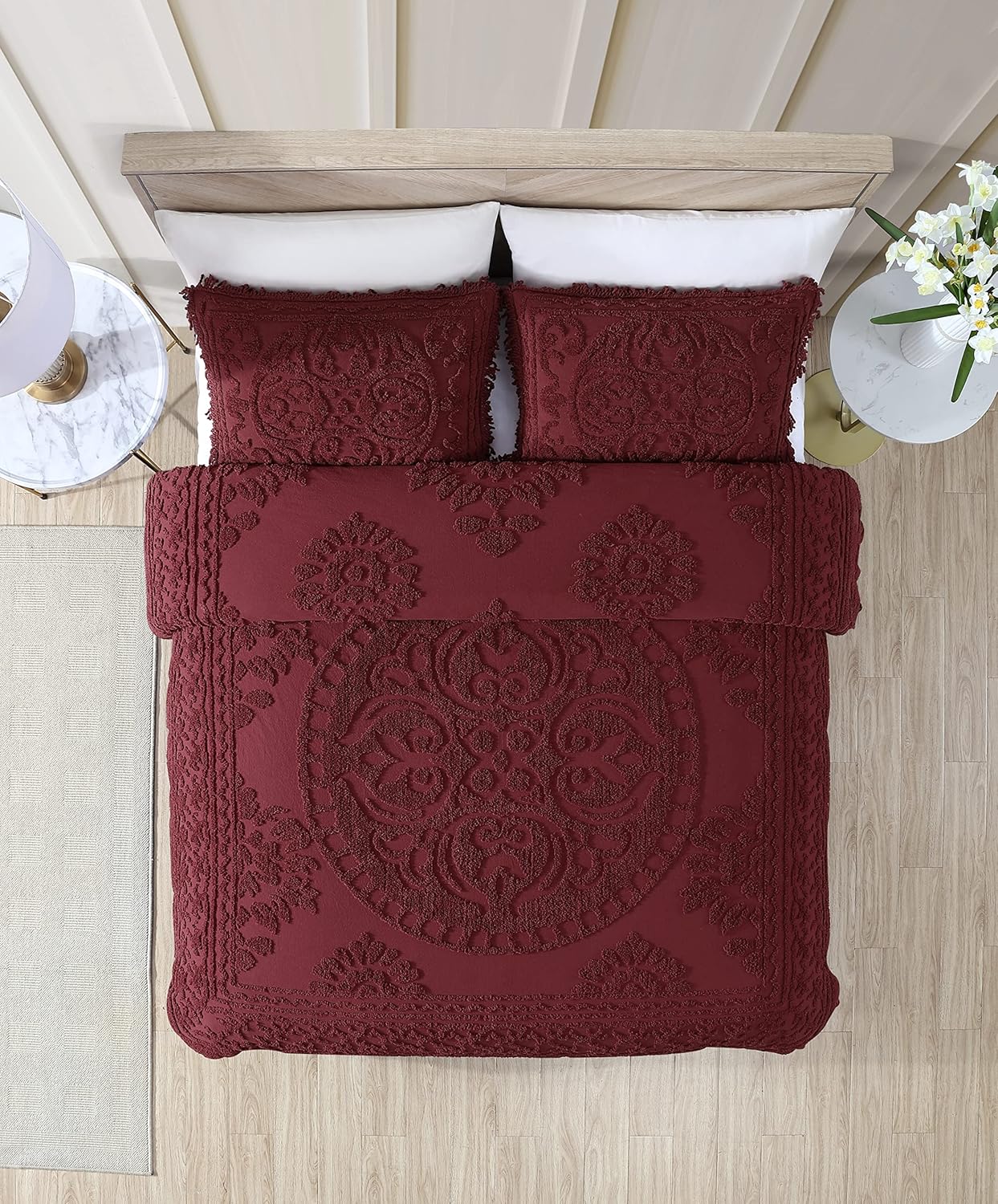 Beatrice Home Fashions – Colcha de felpilla con diseño de medallón, tamaño Queen, color borgoña