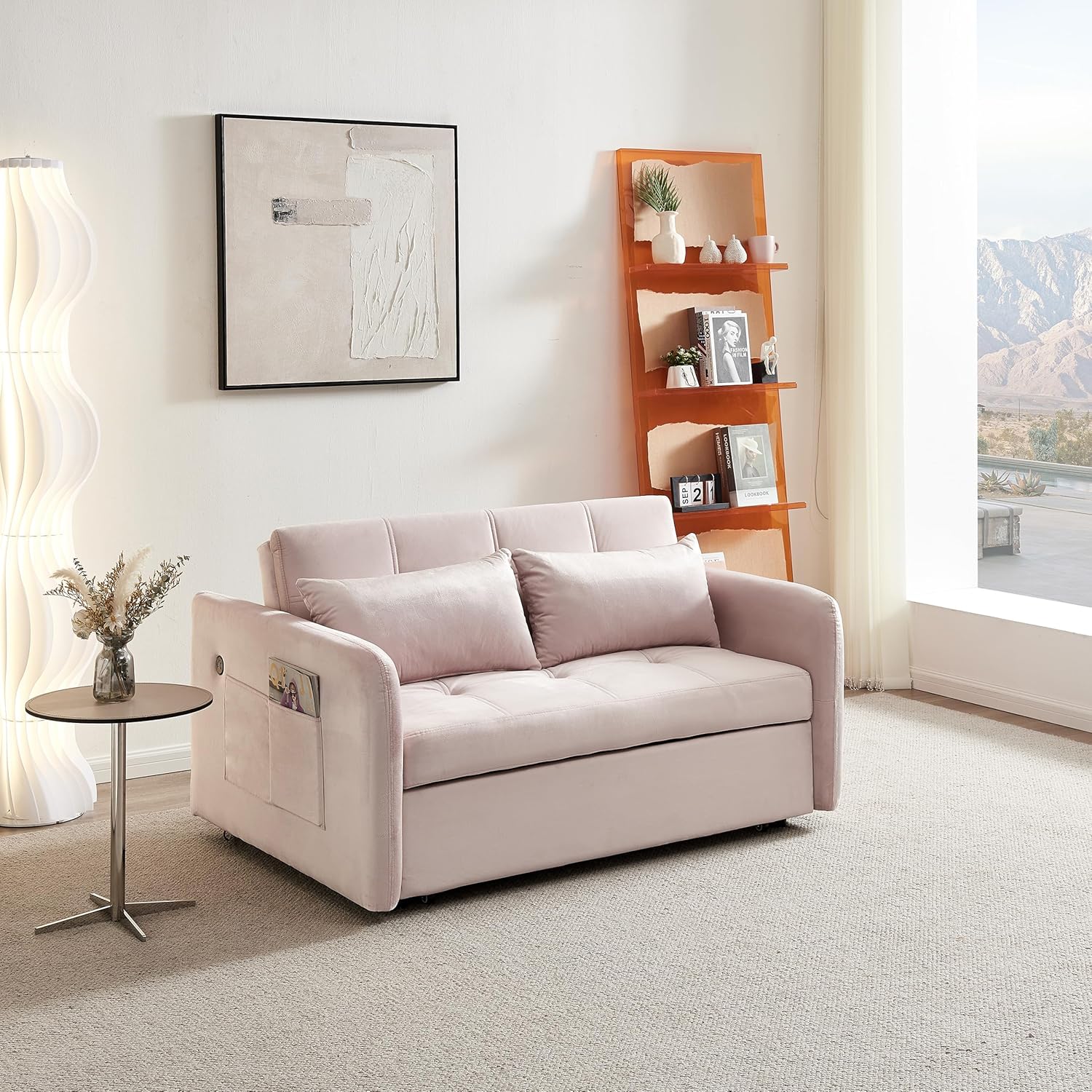 Sofá cama convertible de terciopelo moderno con respaldo ajustable de 55 pulgadas, sofá cama pequeño con dos almohadas y bolsillos laterales para