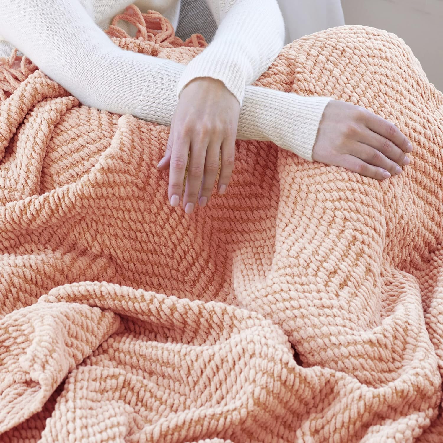 Manta para sofá, funda de sofá suave de punto texturizado, manta de tweed rosa con borlas de flecos para decoración del hogar, cama, sofá, silla, 60