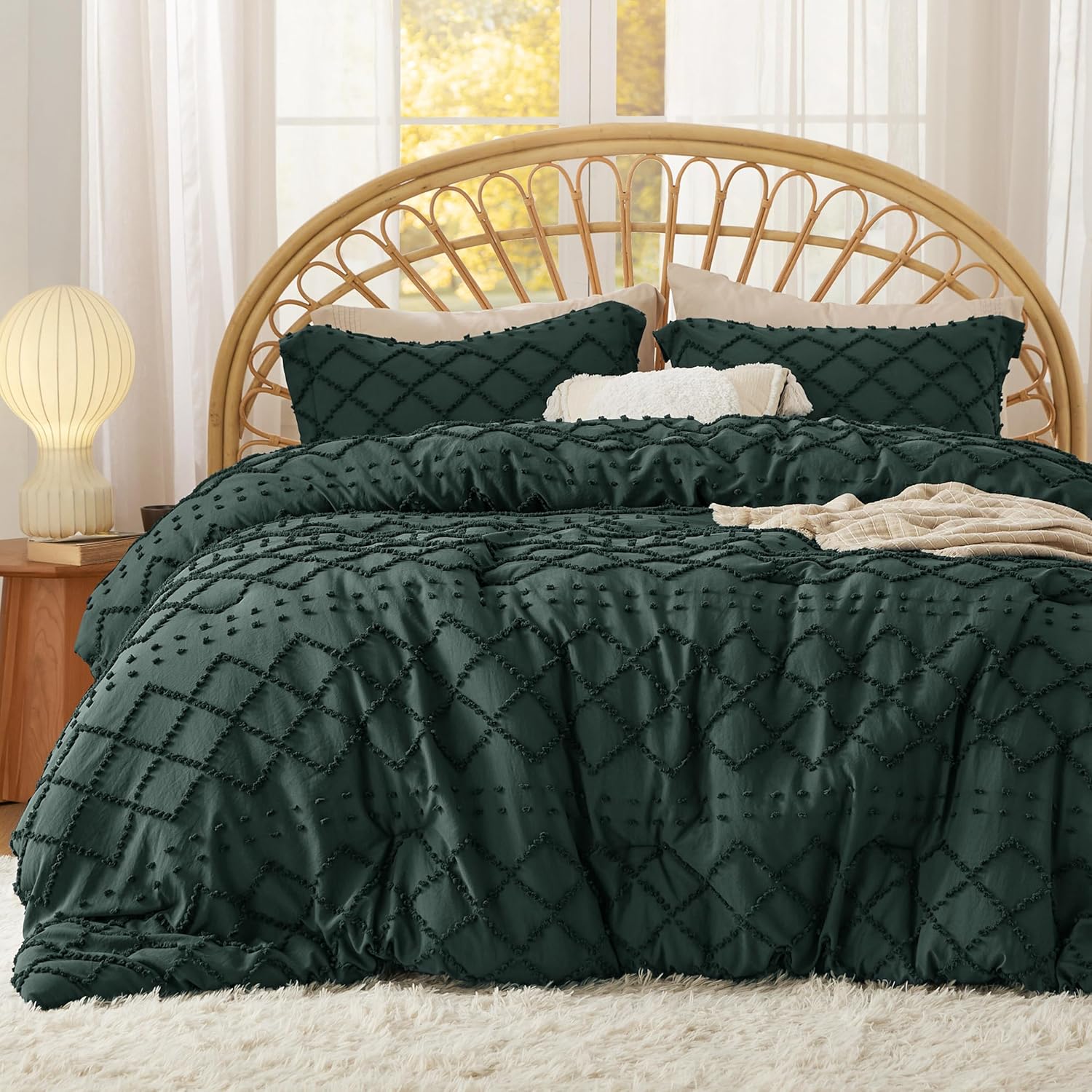 Bedsure Juego de edredón tamaño matrimonial  Edredón verde esmeralda oscuro, juego de edredón bohemio con copetudo, elegante estilo desgastado y