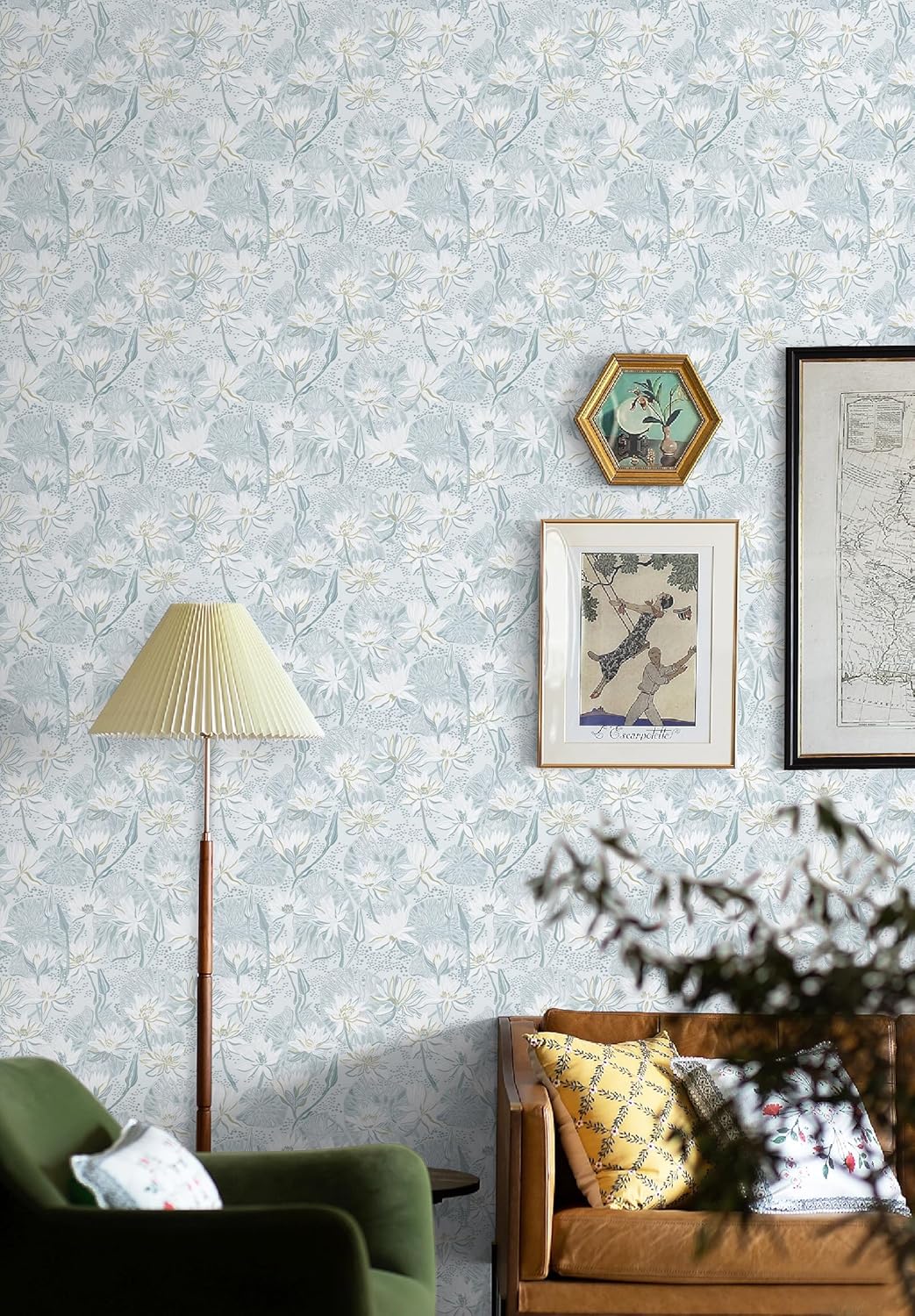 Fiula Papel pintado de loto azul, papel tapiz de flores autoadhesivo, 15.5 x 197 pulgadas, papel tapiz autoadhesivo decorativo para estantes y